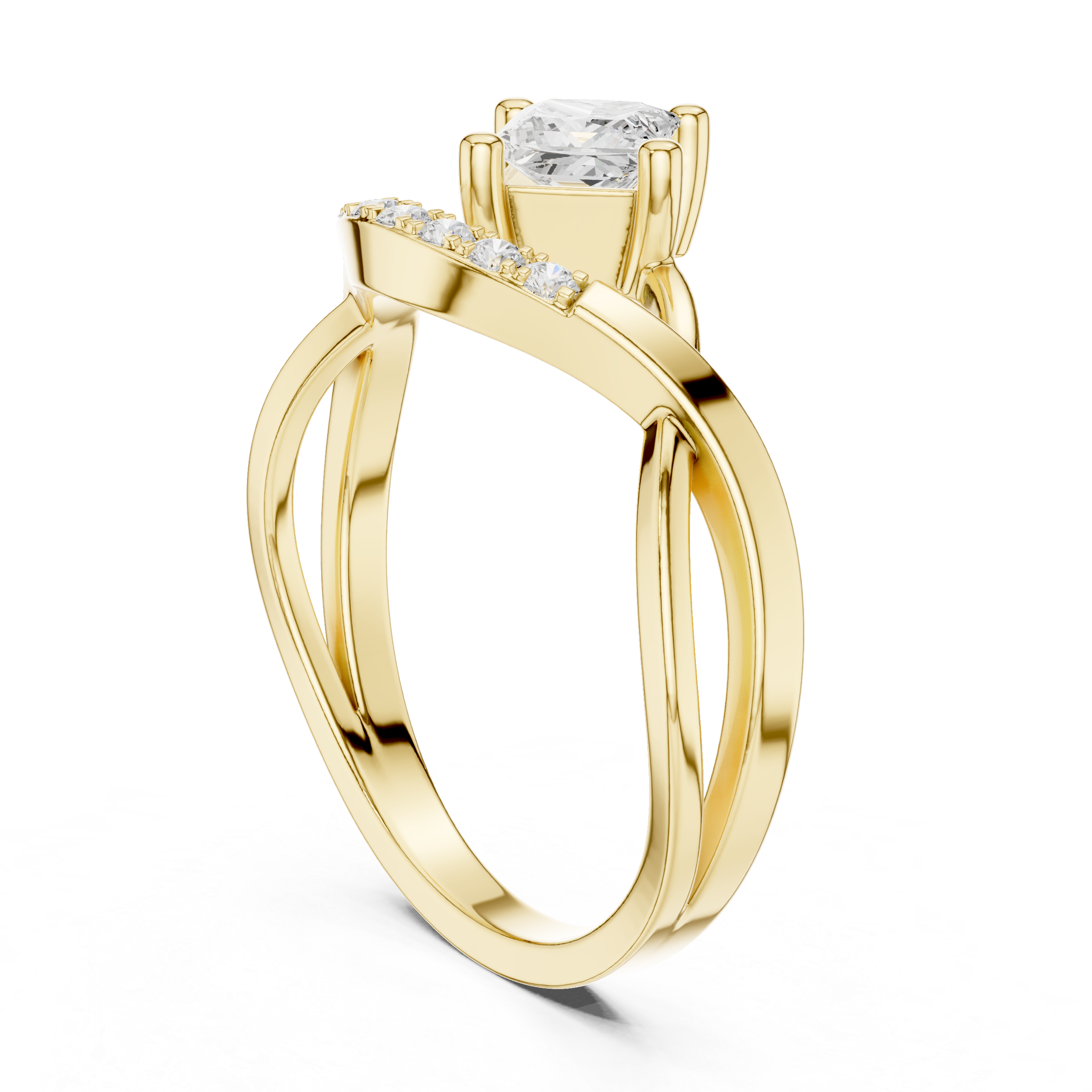 Gold ring with a diamond on a white background