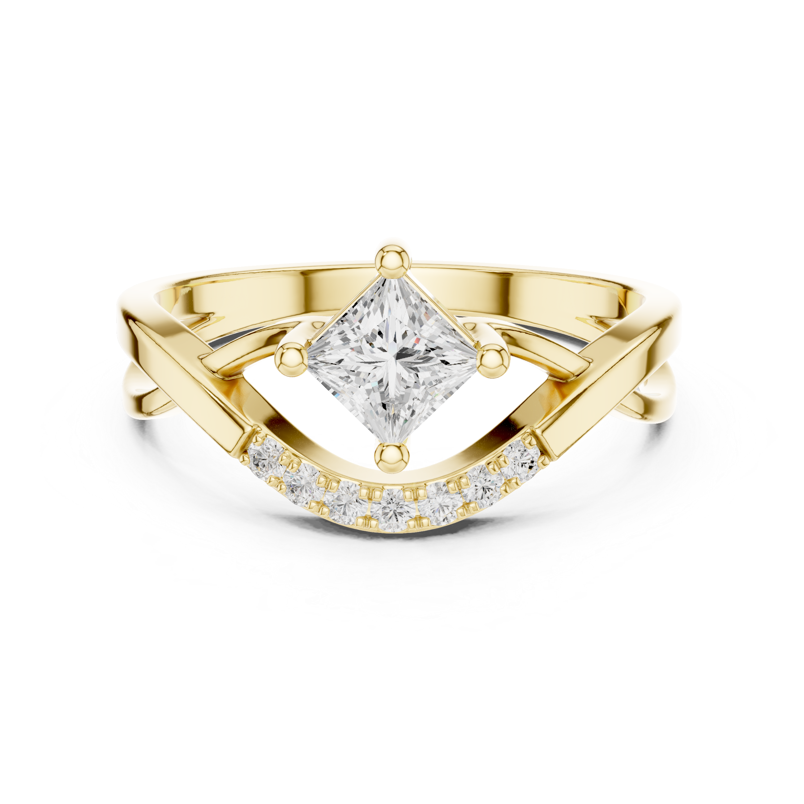 Gold ring with a diamond on a white background