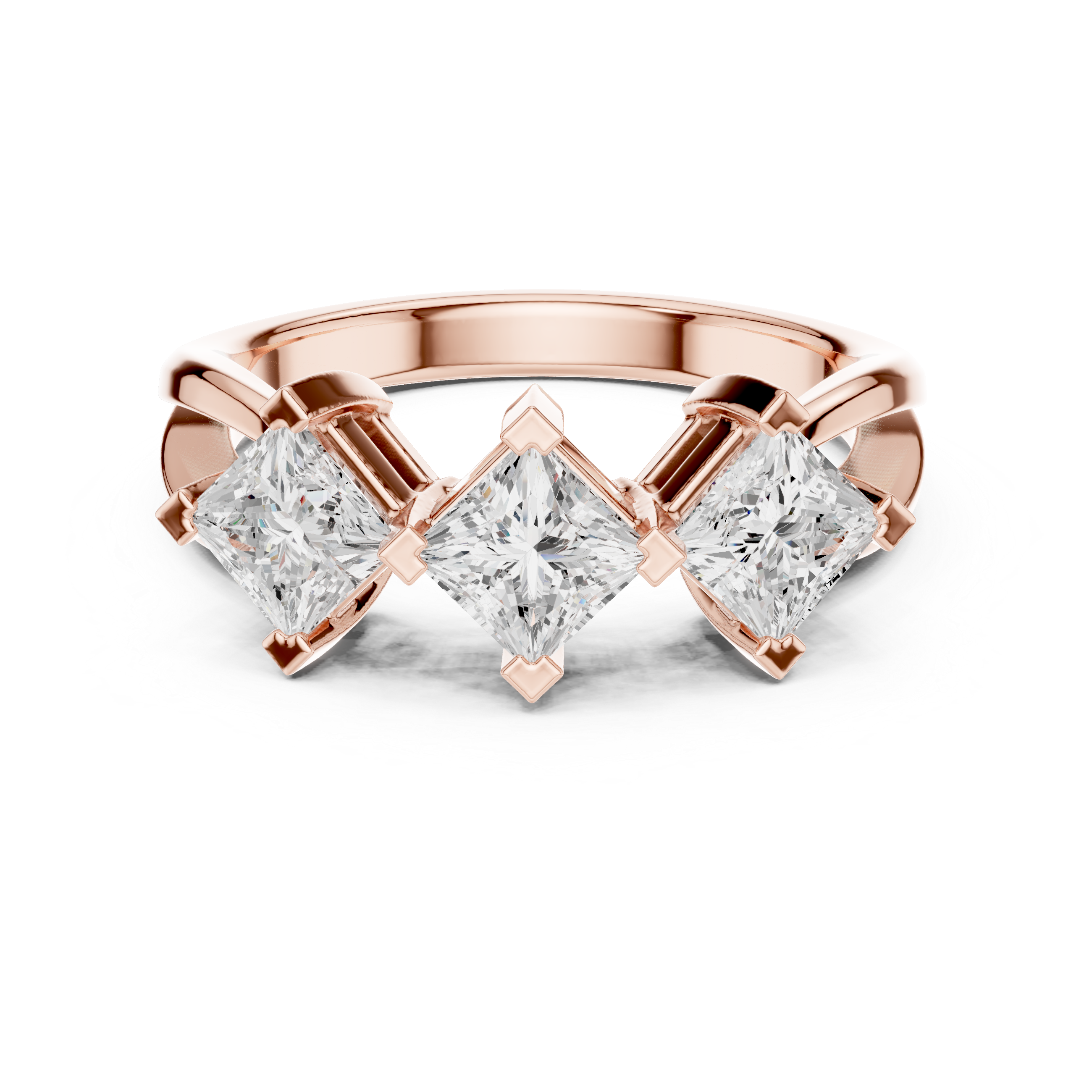 Rose gold ring with three princess-cut diamonds on a white background