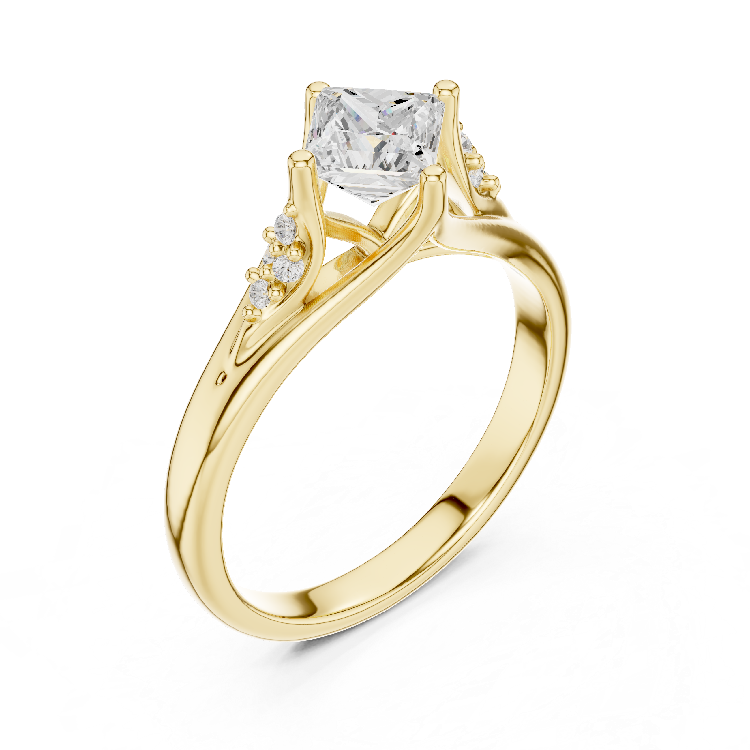Gold ring with a large diamond and smaller diamonds on the sides against a white background