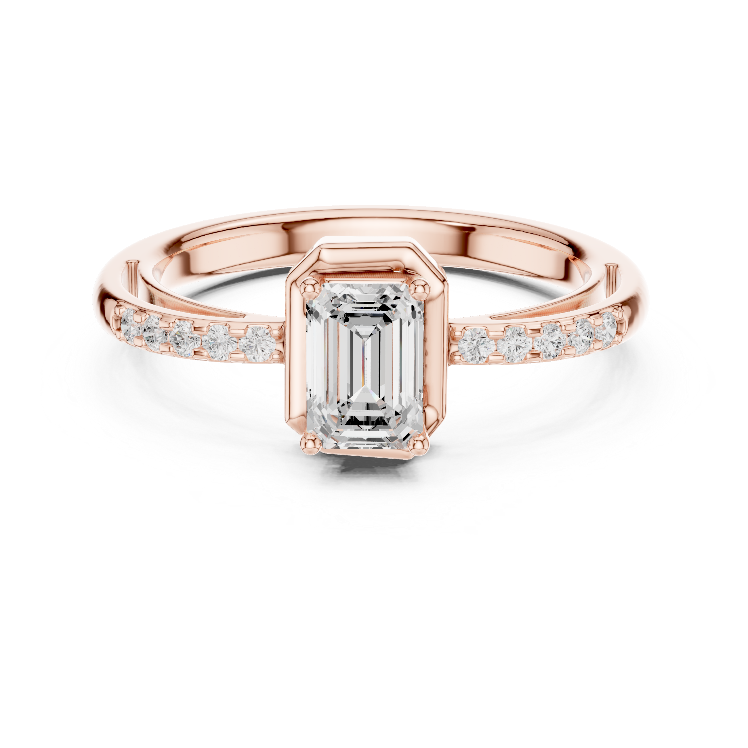 Rose gold ring with emerald-cut diamond and smaller diamonds on a white background