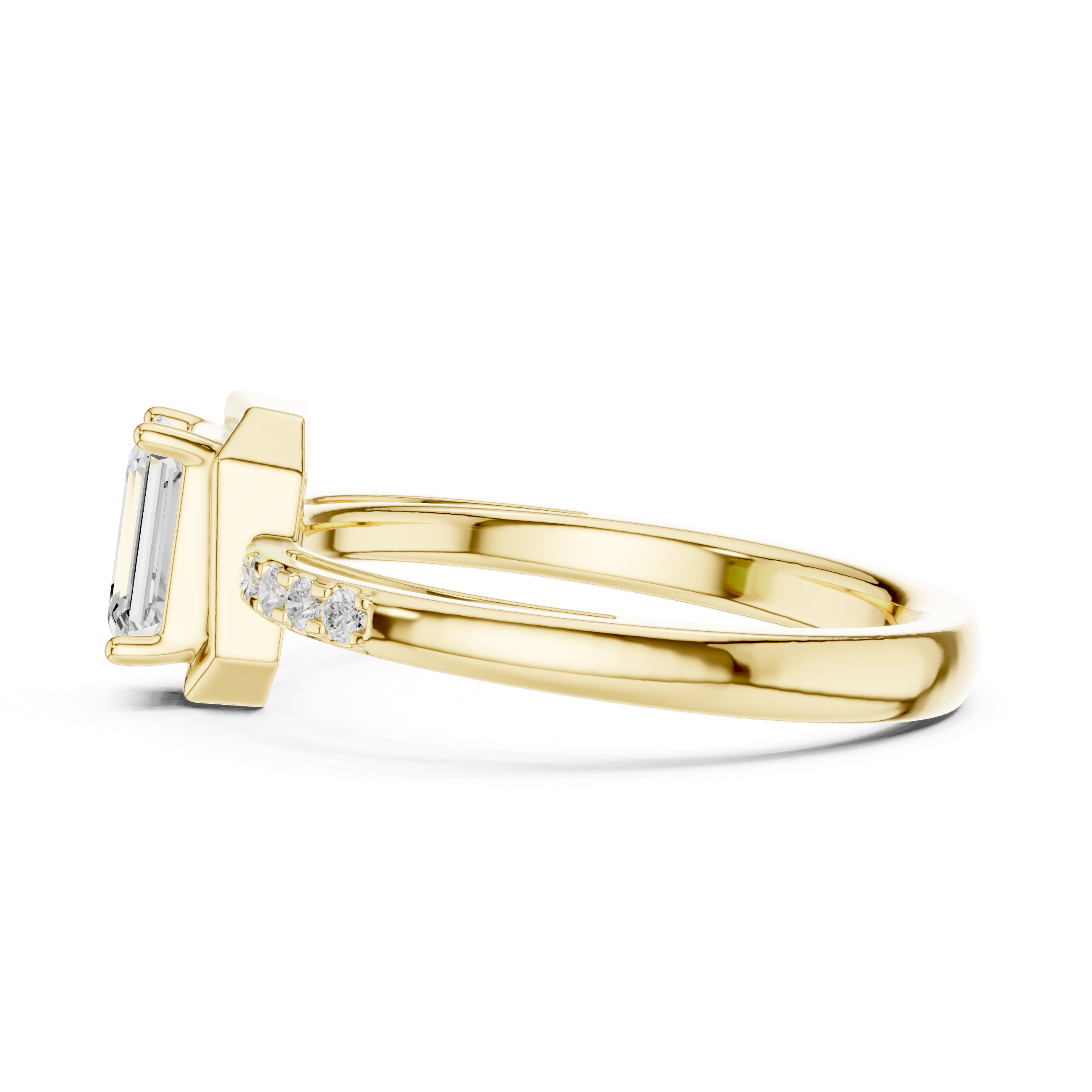 Gold ring with a large diamond and intricate design on a white background