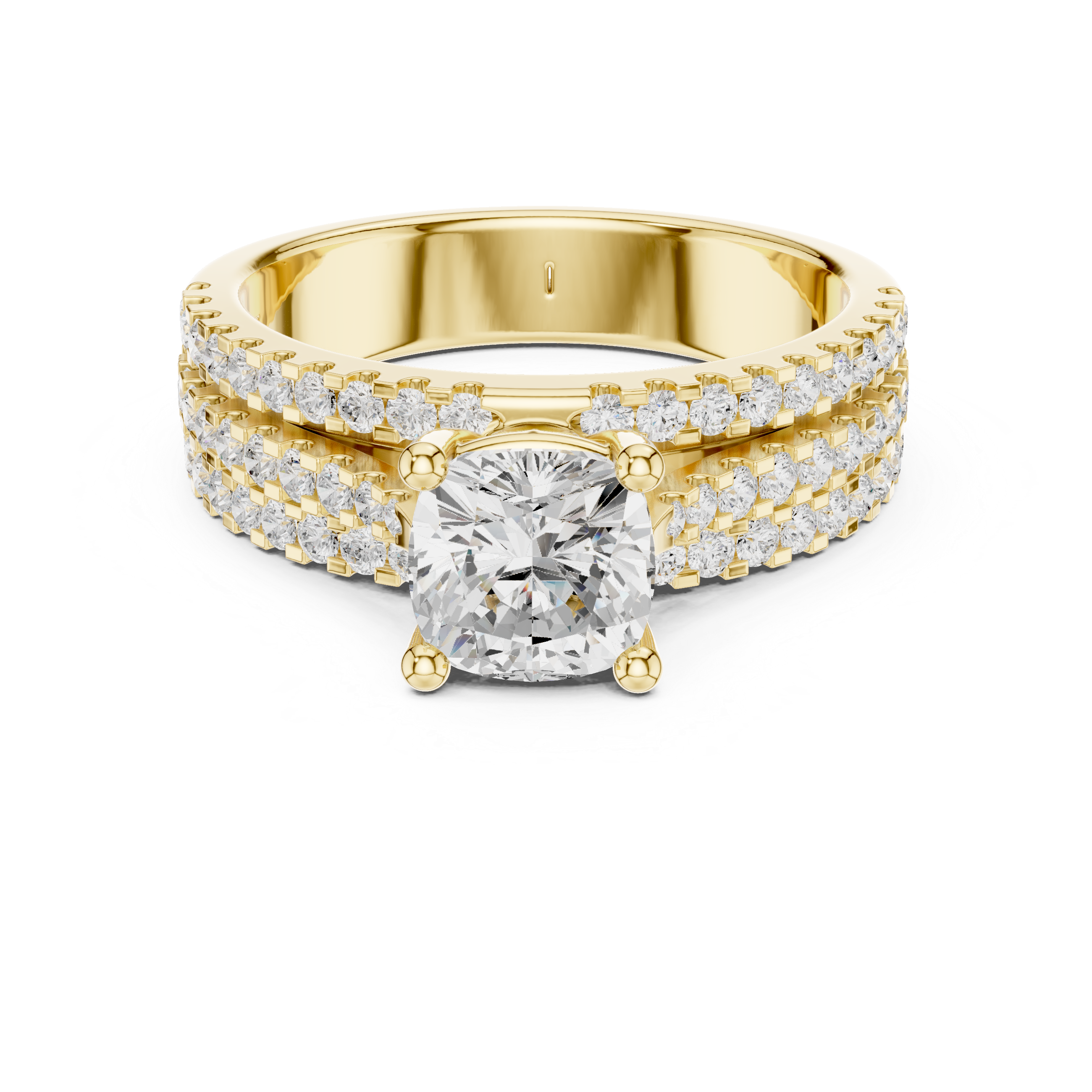 Gold ring with a large diamond and smaller diamonds on a white background