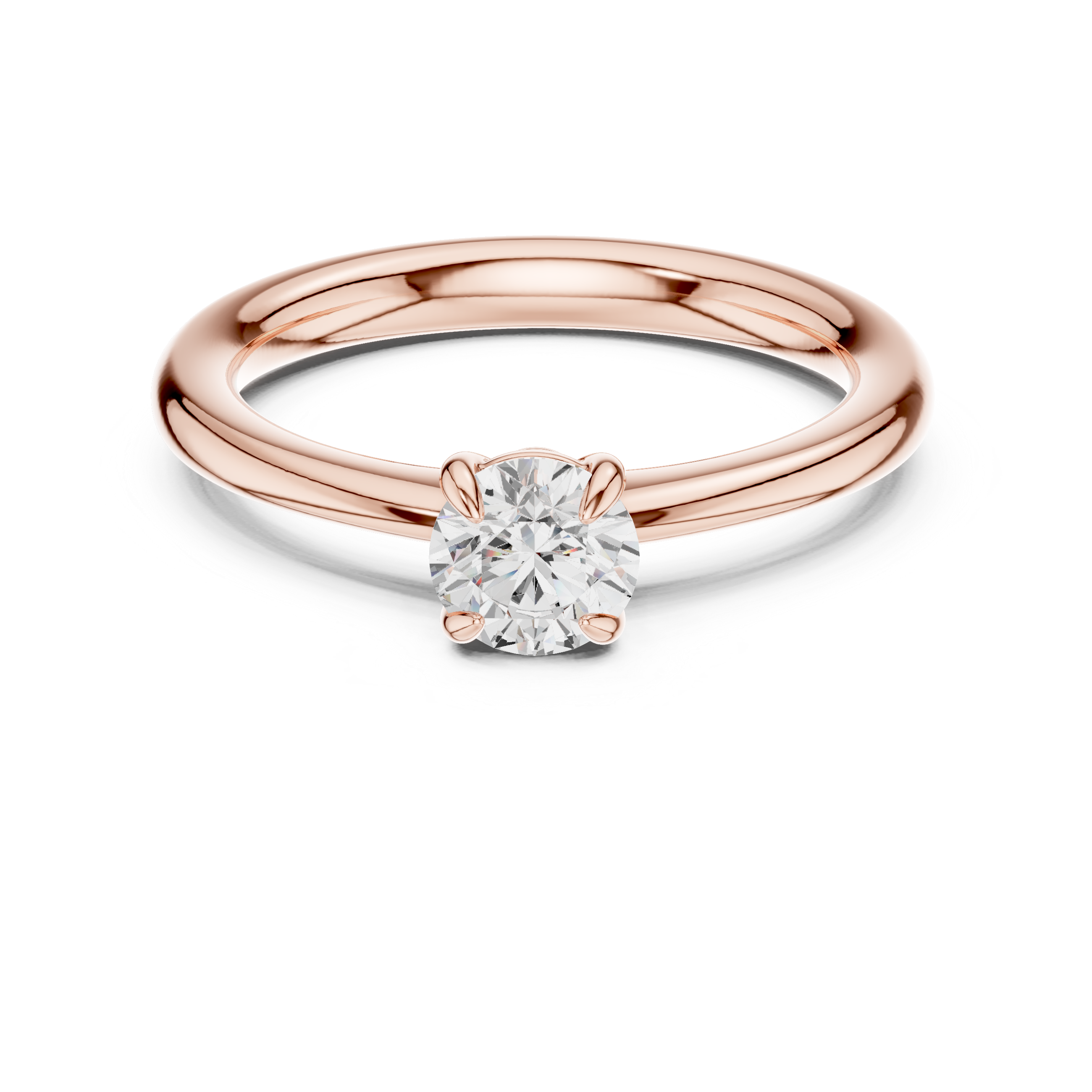 Rose gold ring with a diamond on a white background