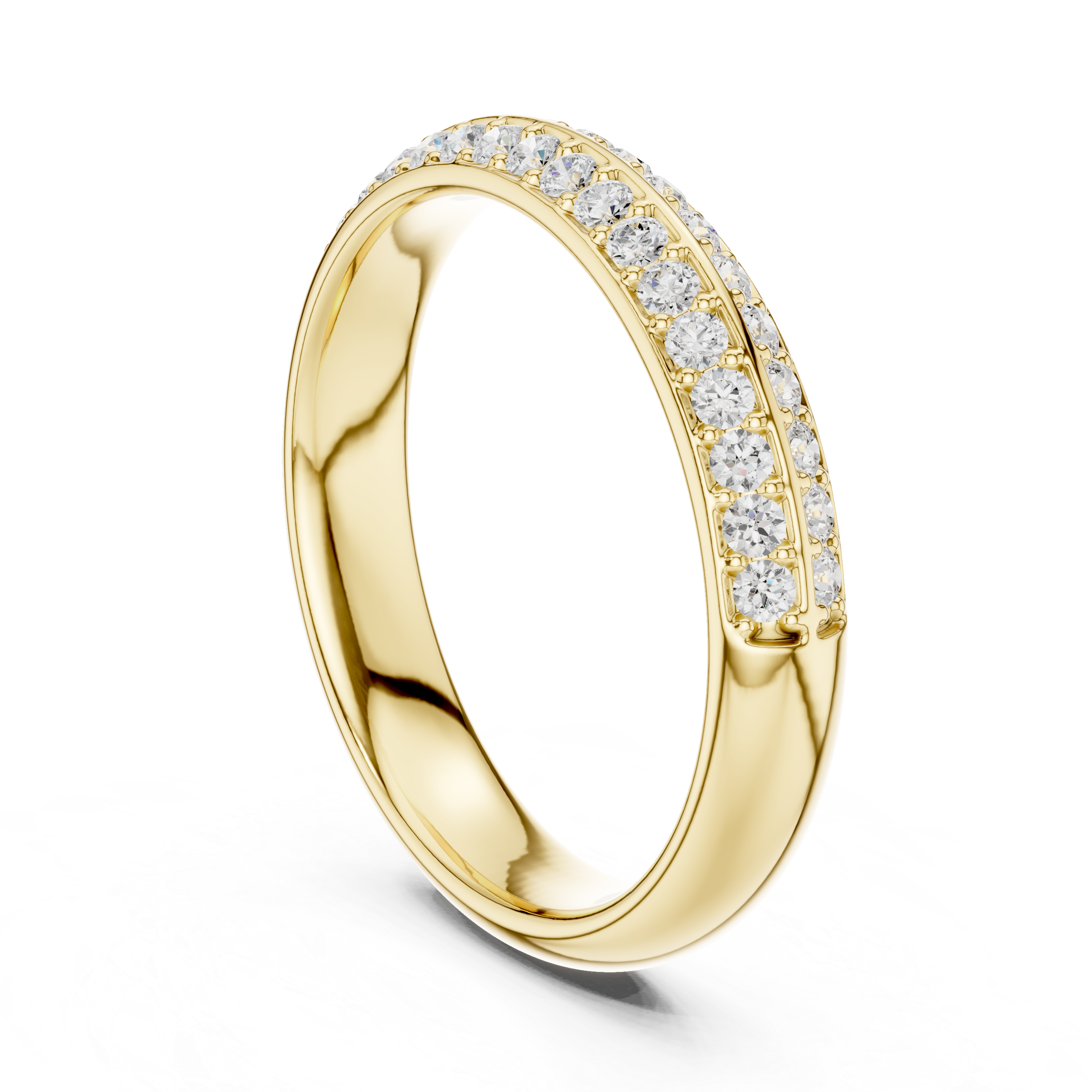 Gold ring with embedded diamonds on a white background