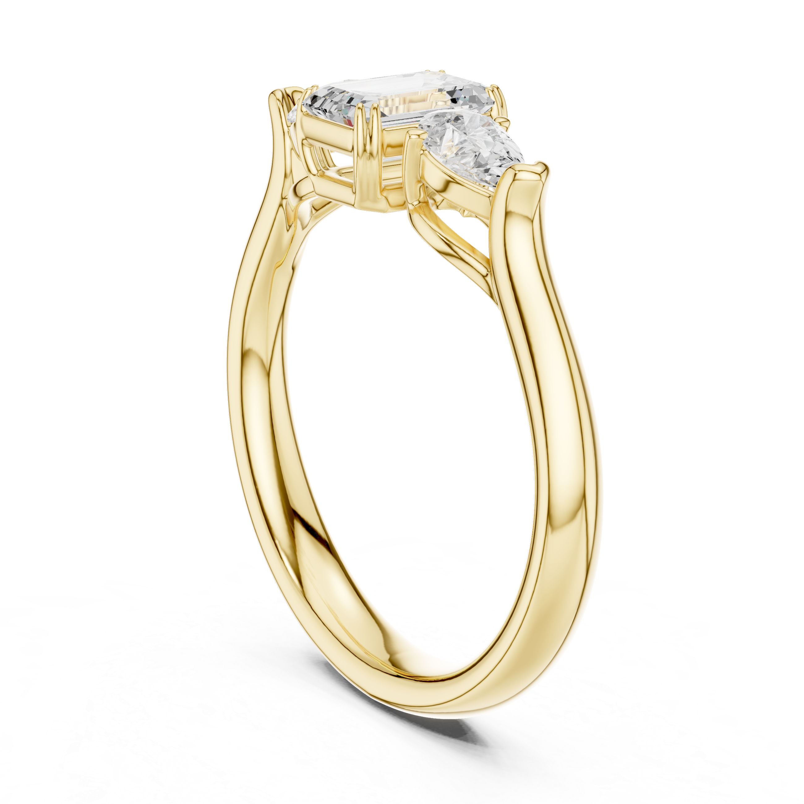 Gold ring with two diamonds on a white background