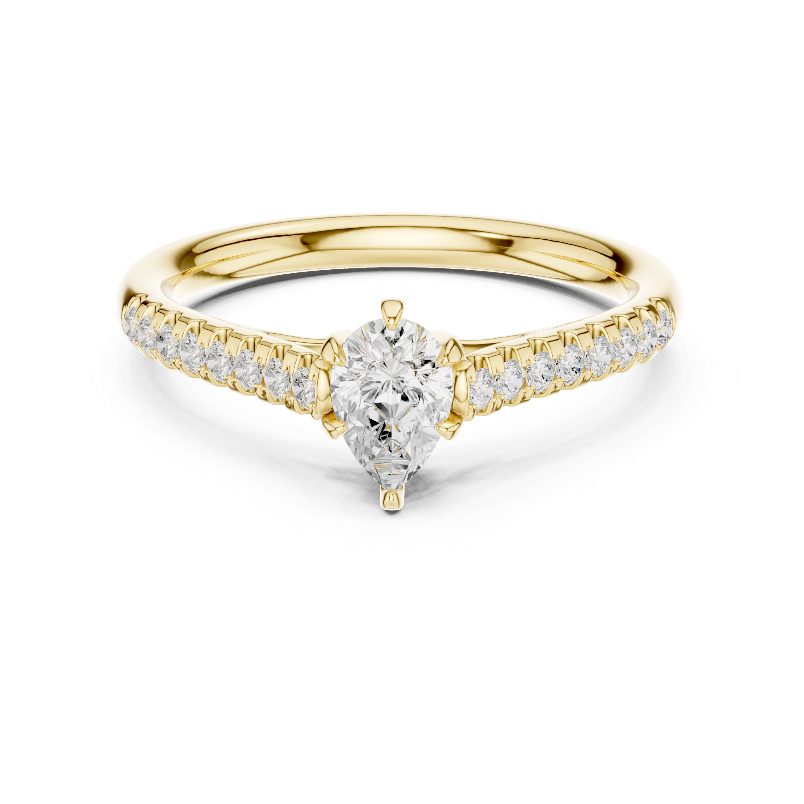 Gold ring with a heart-shaped diamond on a white background