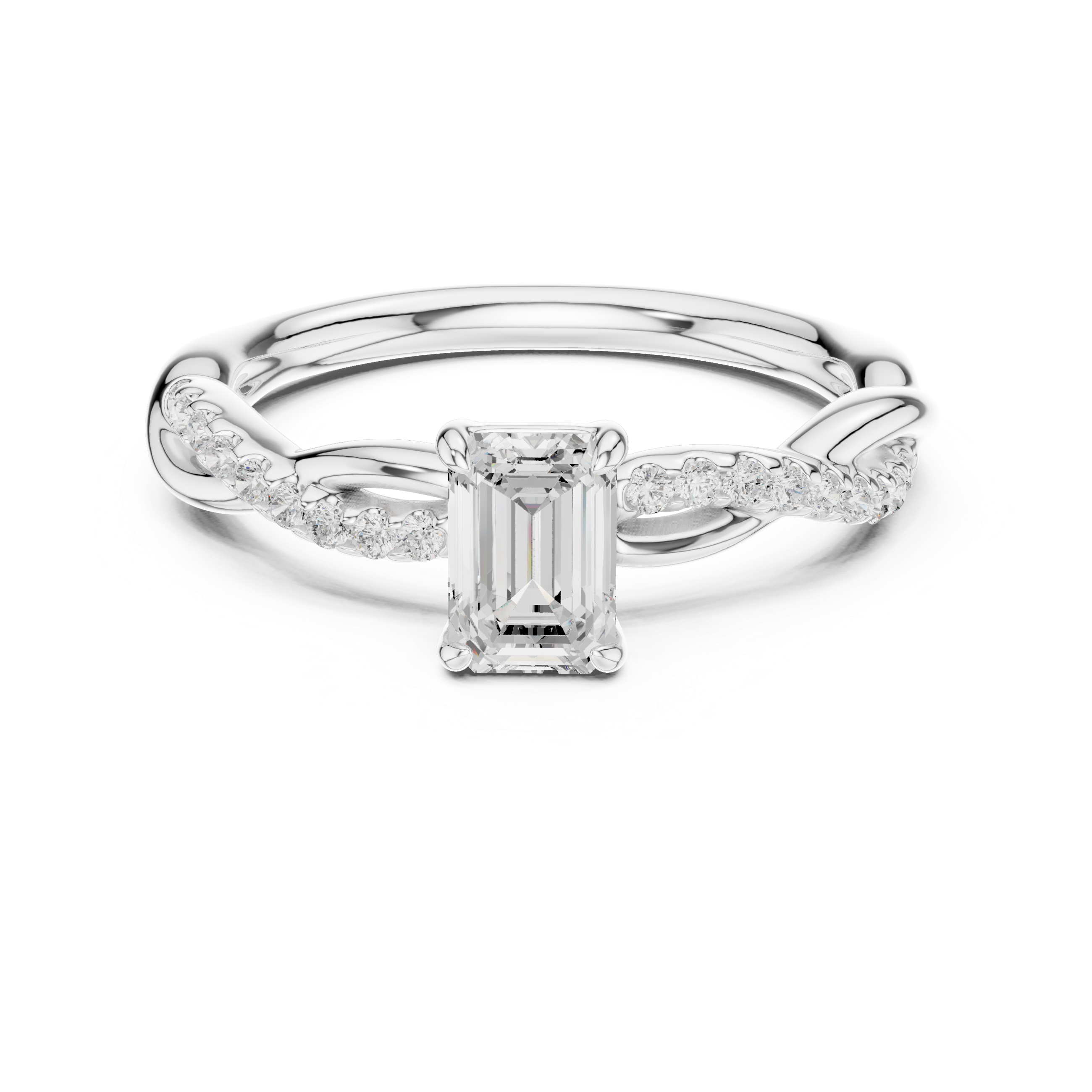 Silver ring with a rectangular diamond on a white background