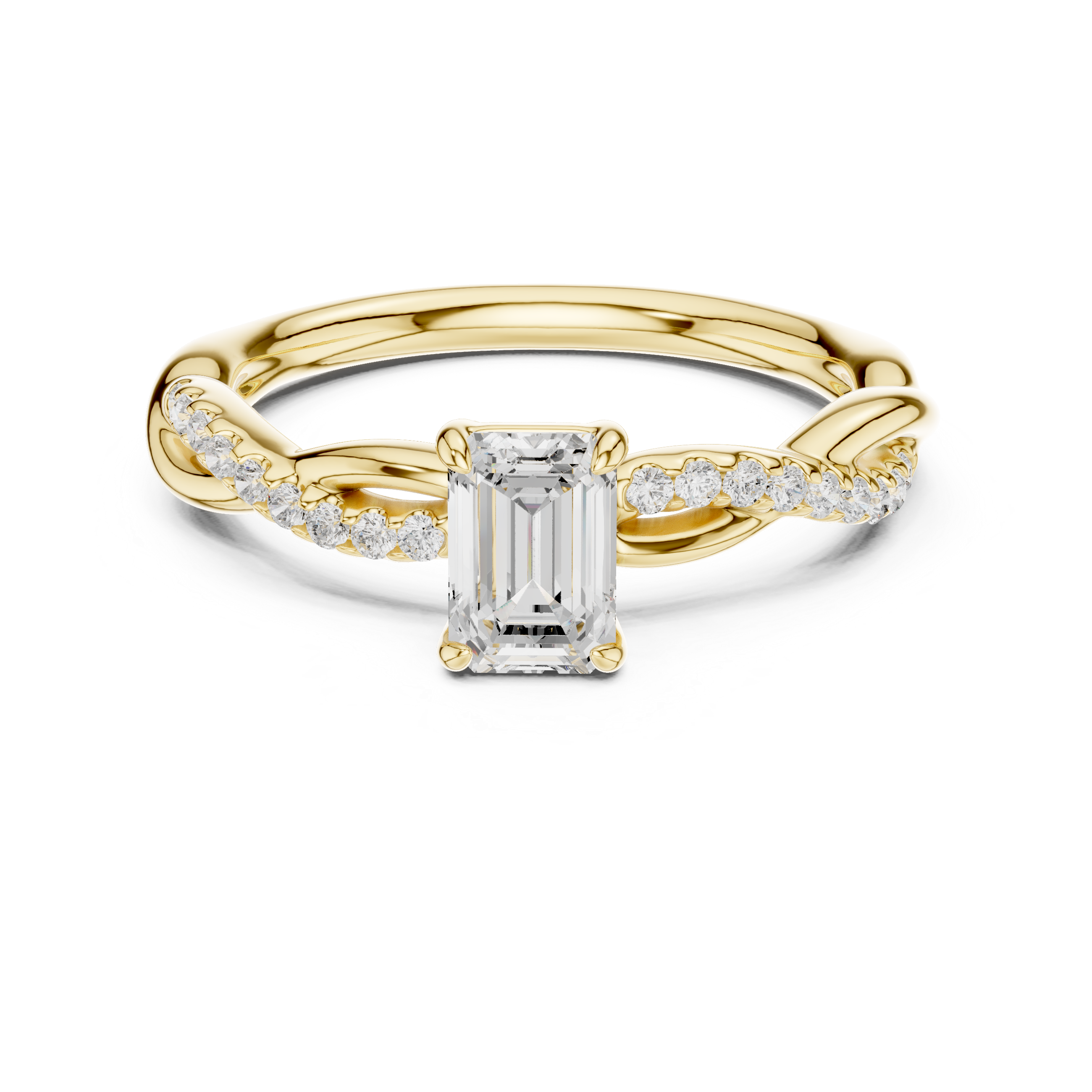 Gold ring with a rectangular diamond on a white background