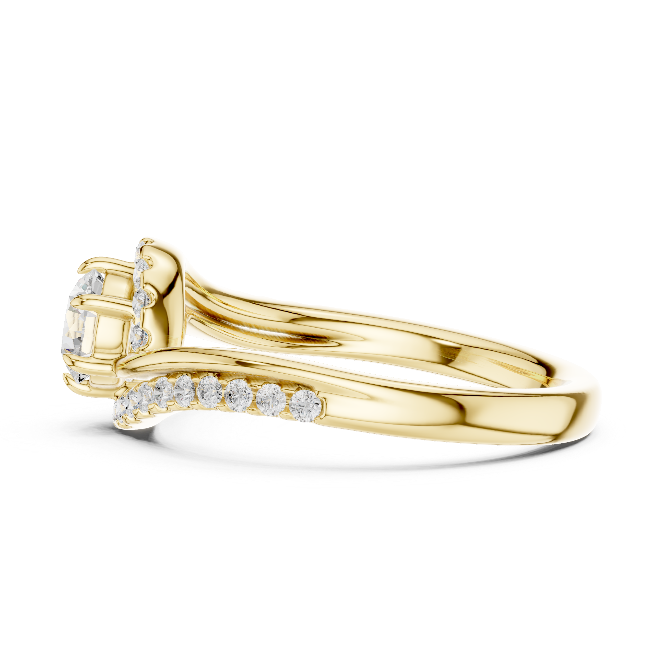 Gold ring with diamond accents on a white background