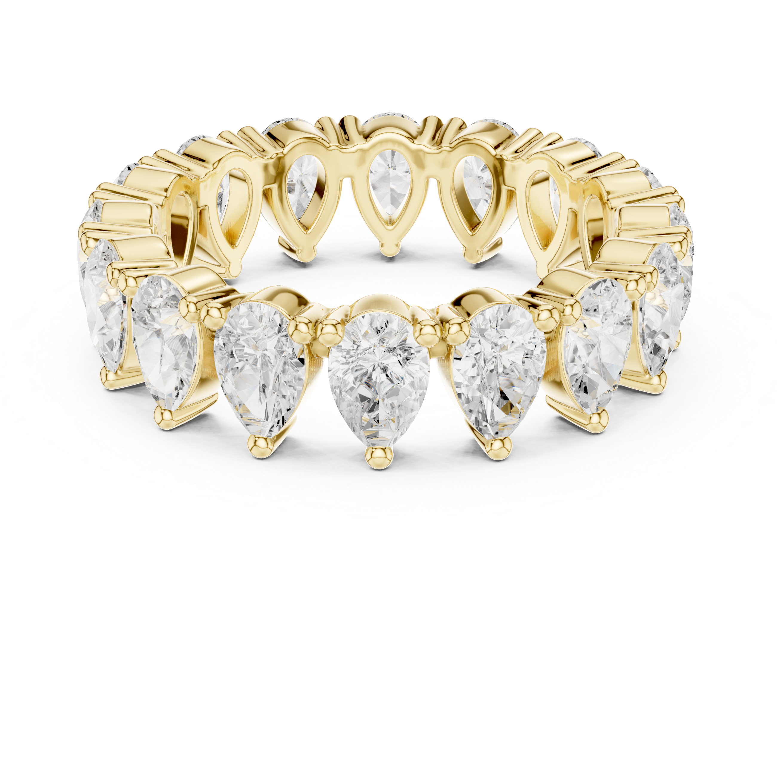 Gold ring with pear-shaped diamonds on a white background