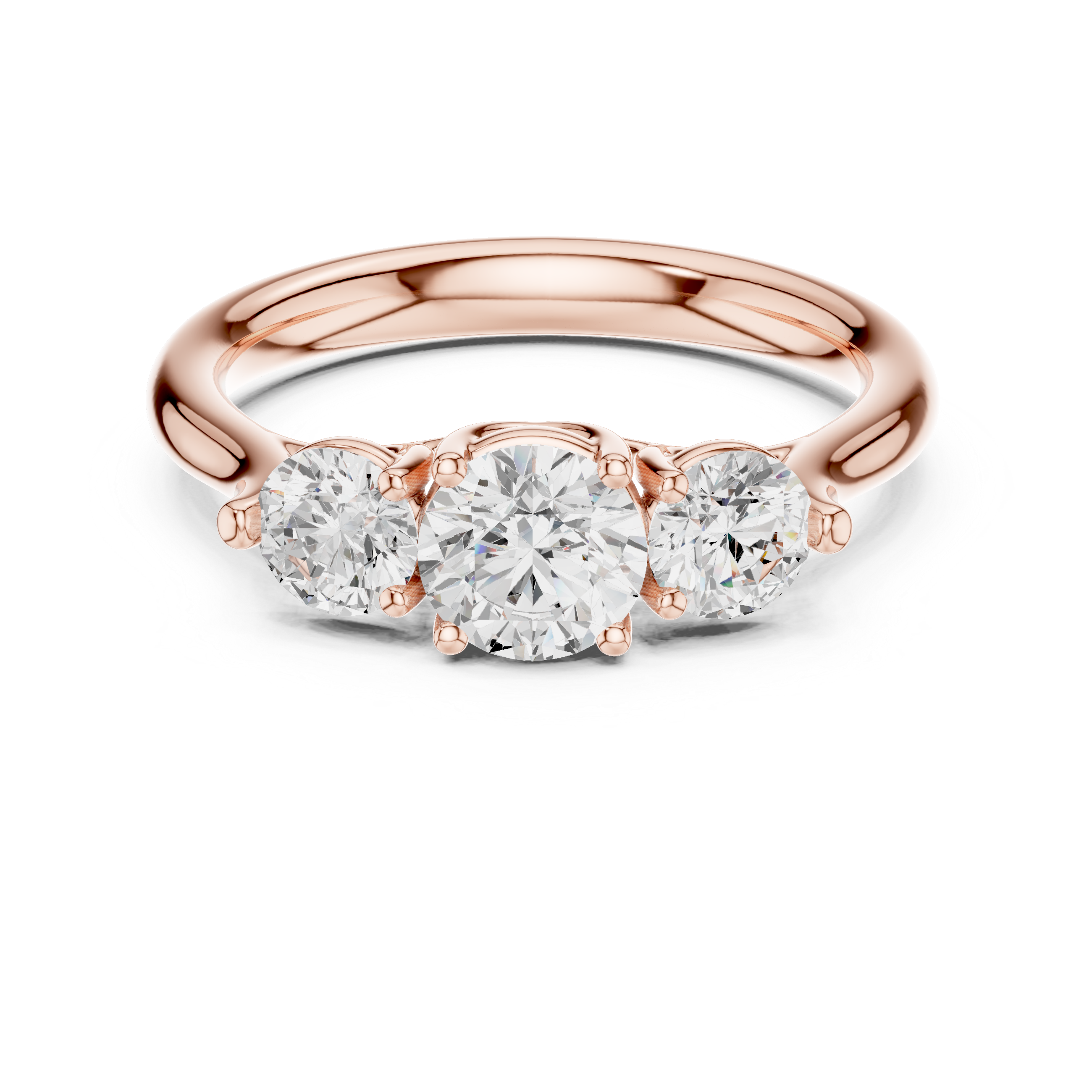 Rose gold ring with three diamonds on a white background