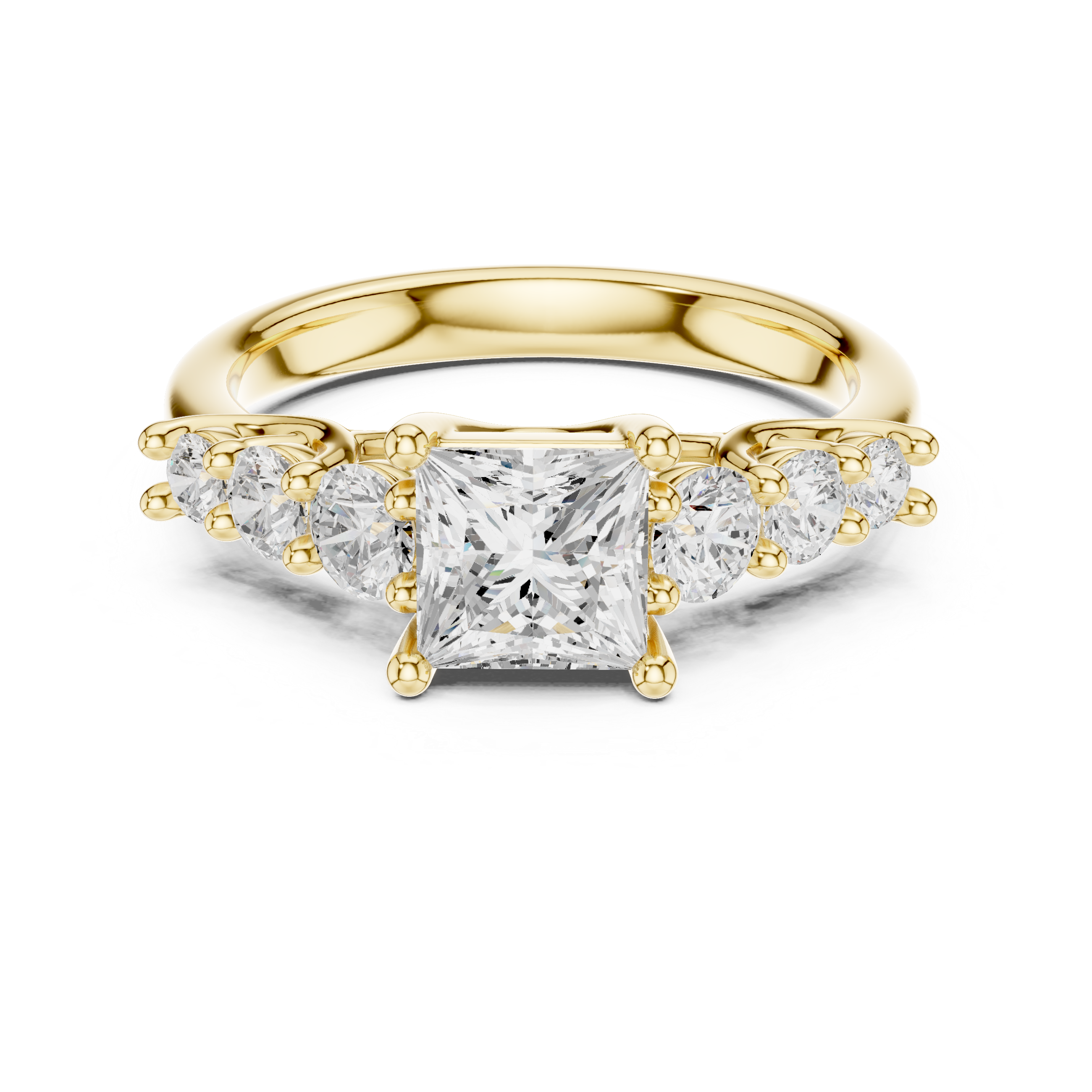Gold ring with a central diamond and smaller diamonds on a white background