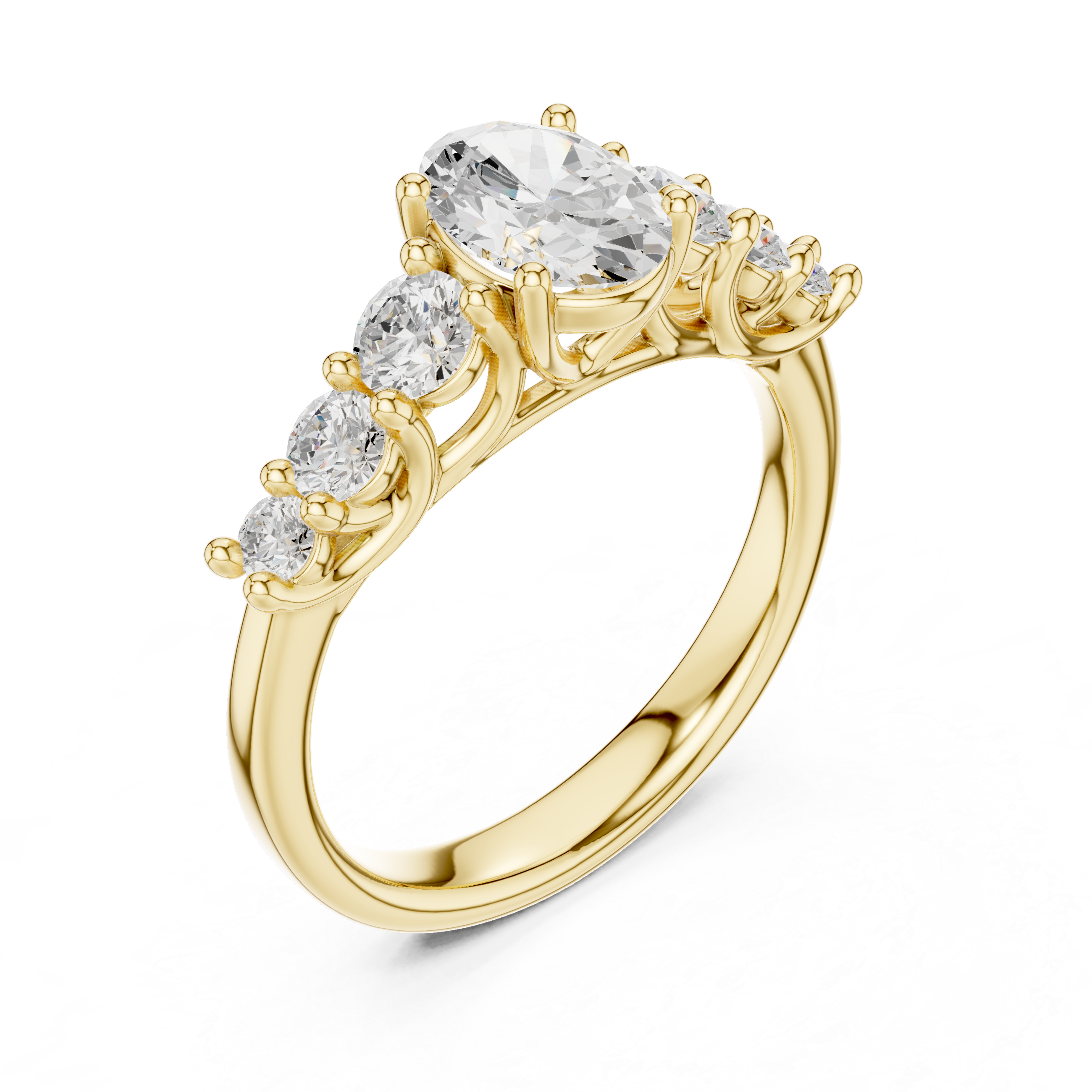 Gold ring with a central diamond and smaller diamonds on a white background