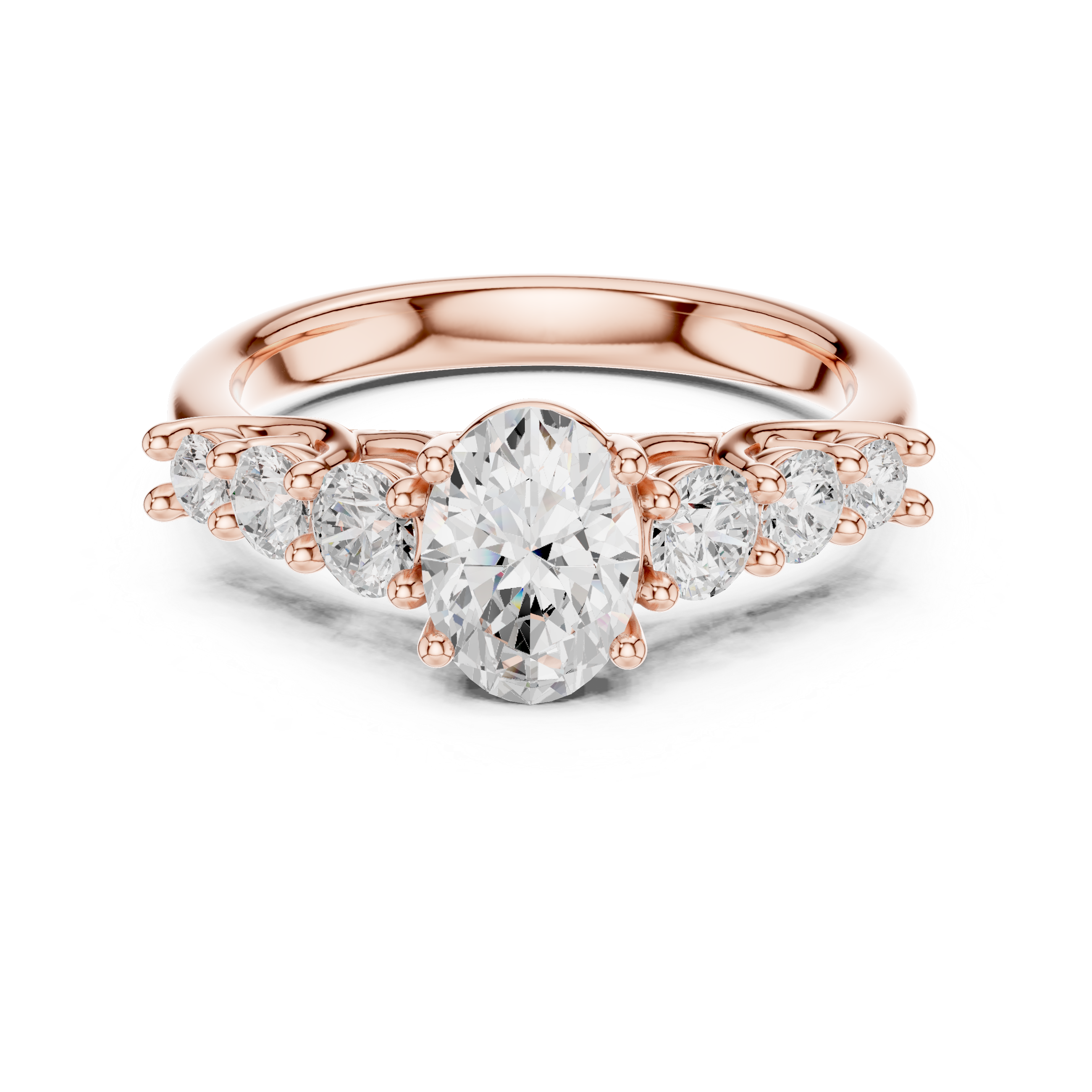 Rose gold ring with a large central diamond and smaller diamonds on the sides against a white background