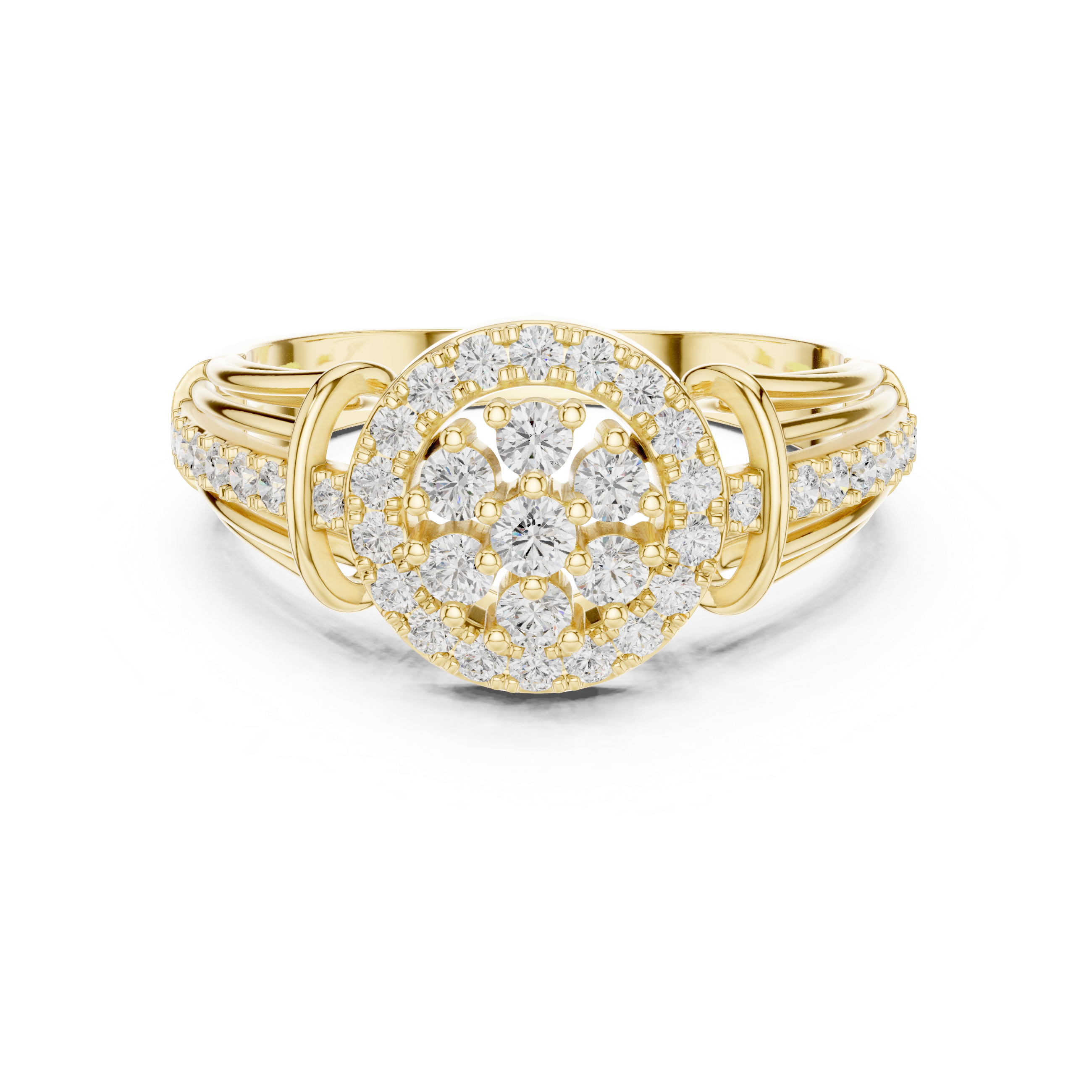 Gold ring with diamond accents on a white background