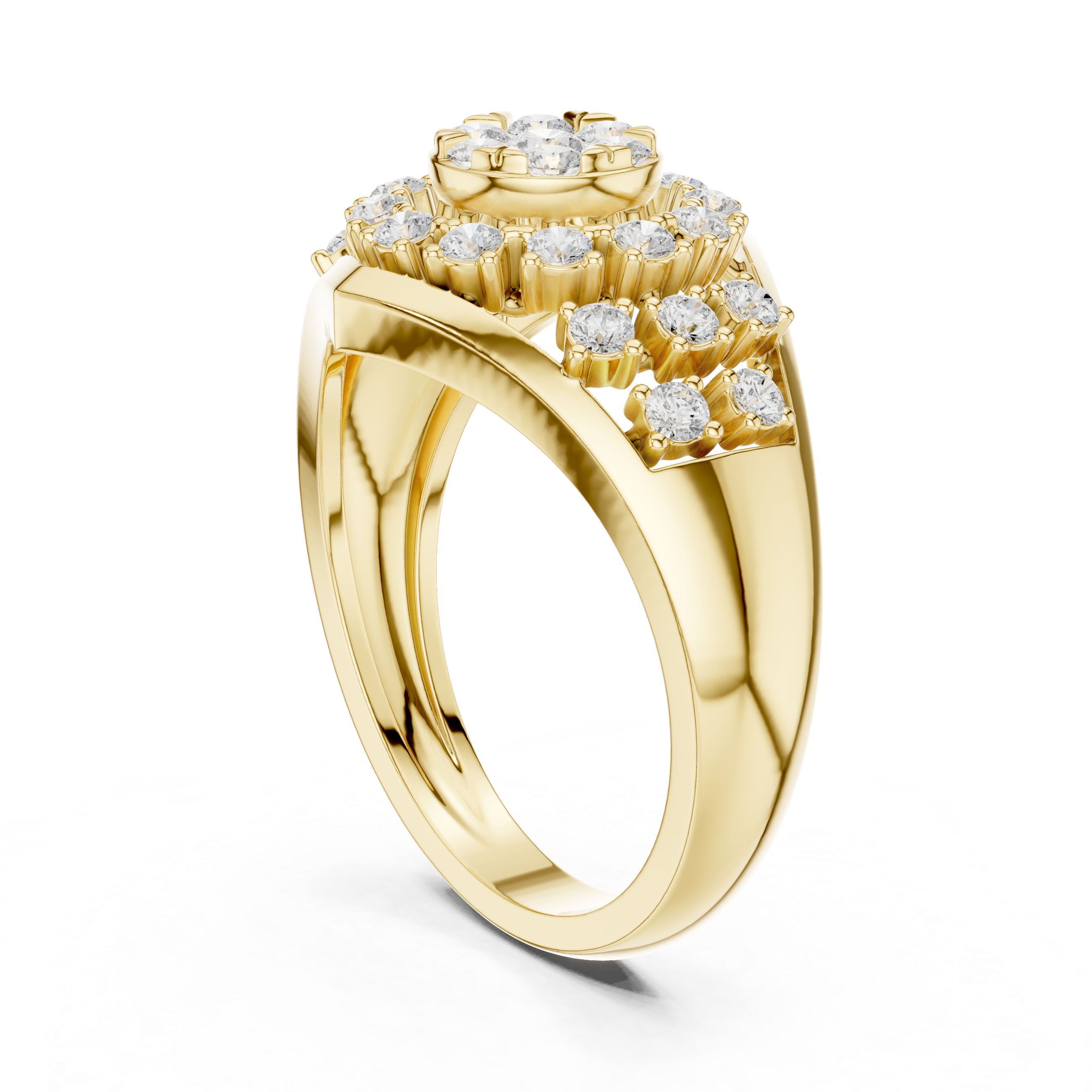 Gold ring with diamond accents on a white background