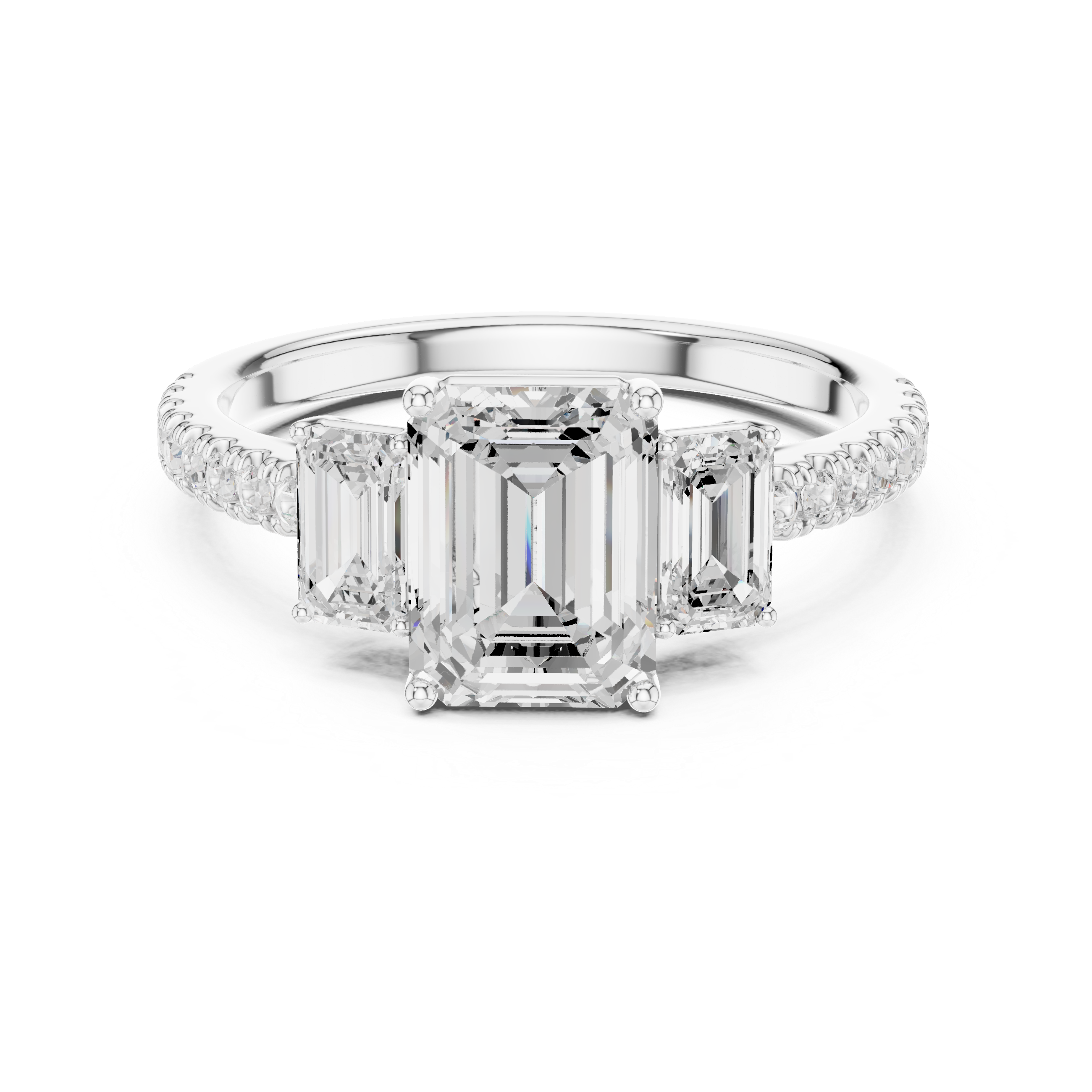 Diamond ring with emerald-cut center stone and smaller diamonds on a white background
