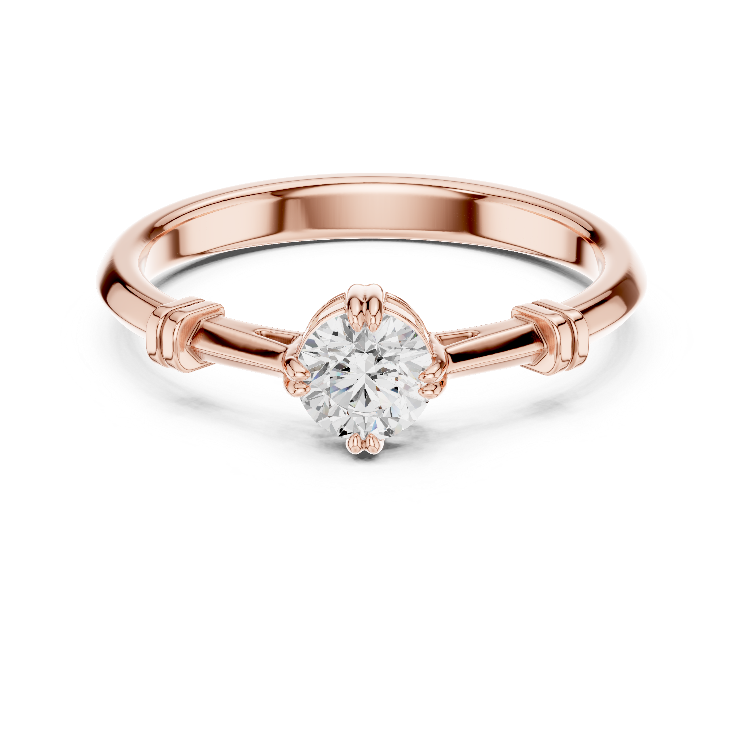 Rose gold ring with a diamond on a white background