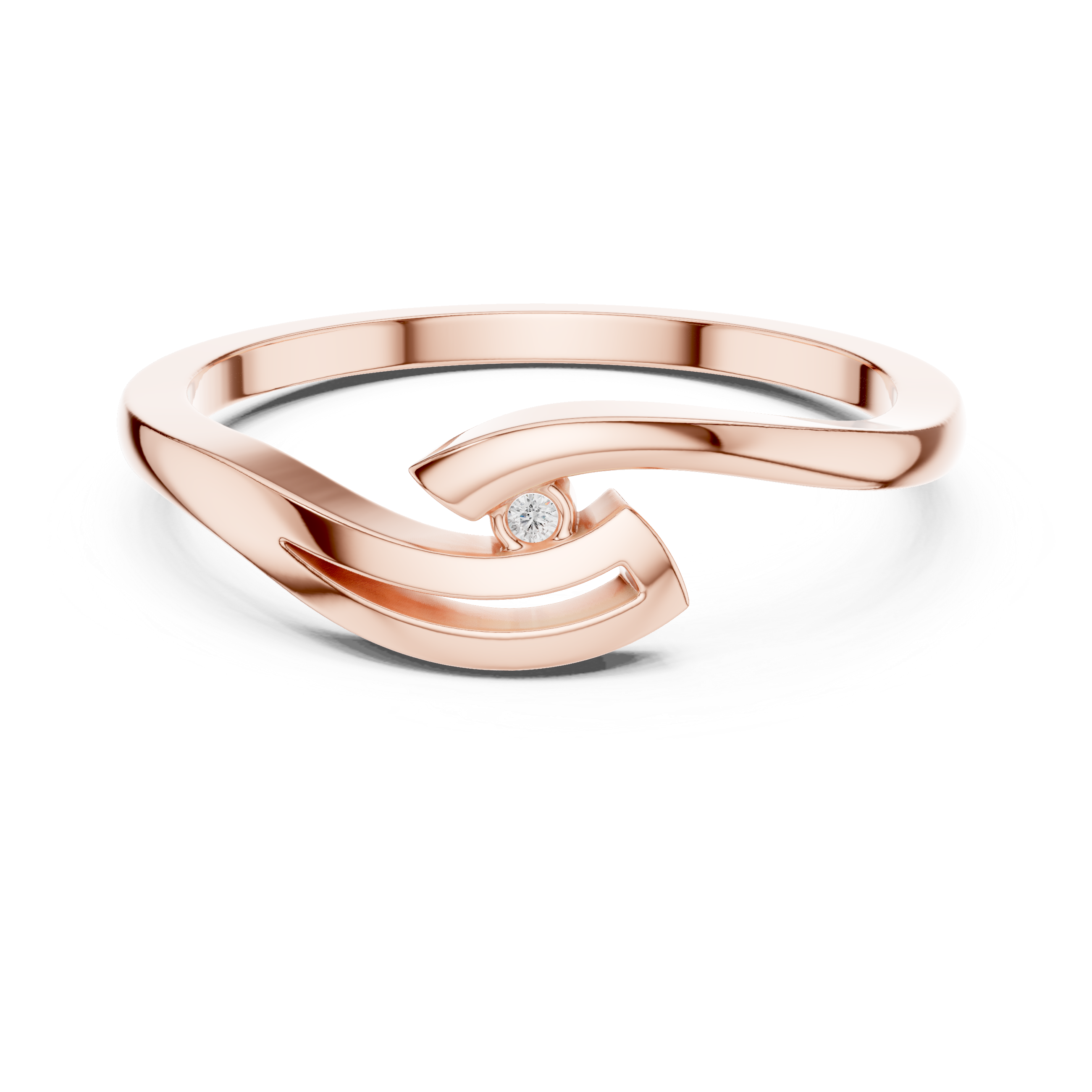 Rose gold ring with a diamond on a white background
