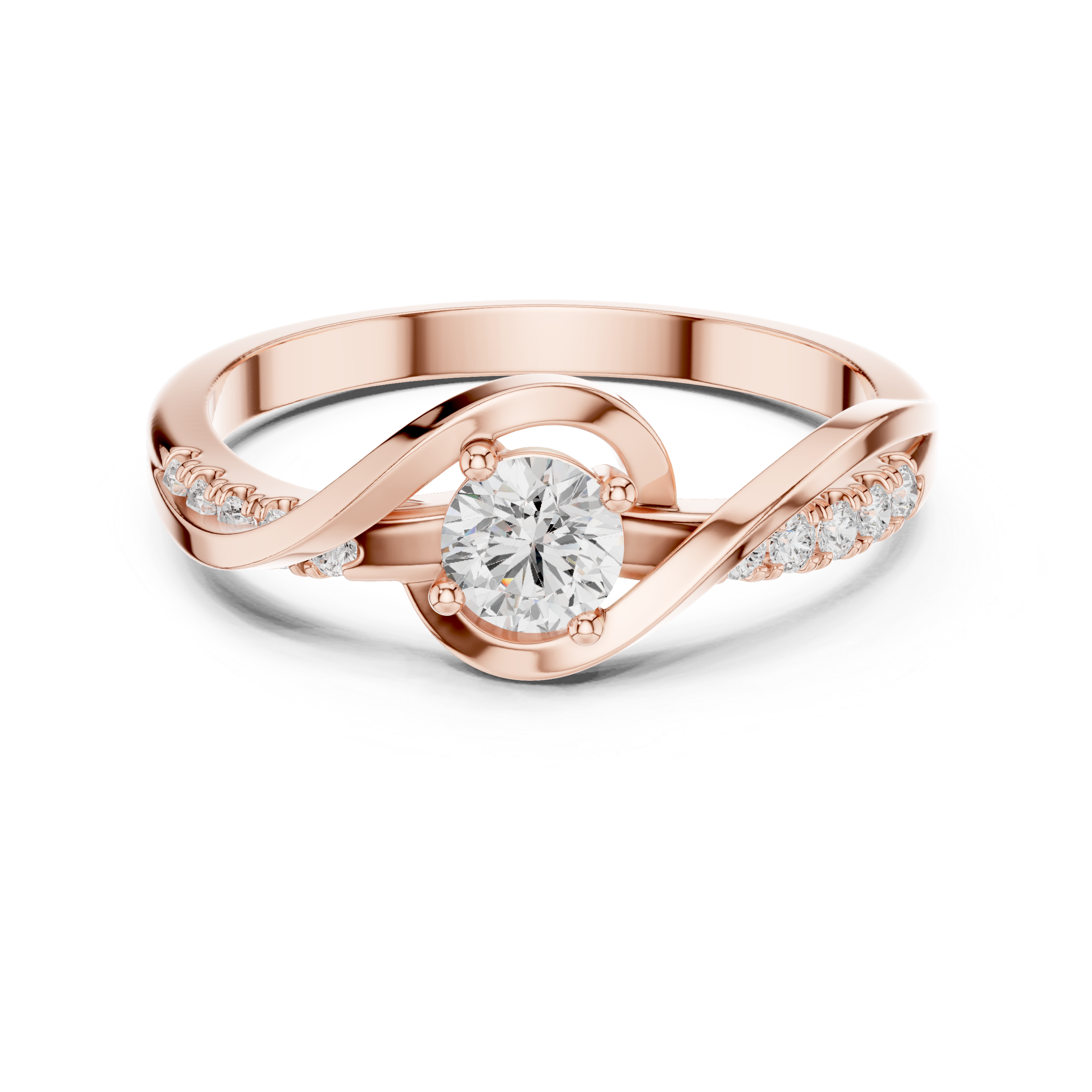 Rose gold ring with a diamond on a white background