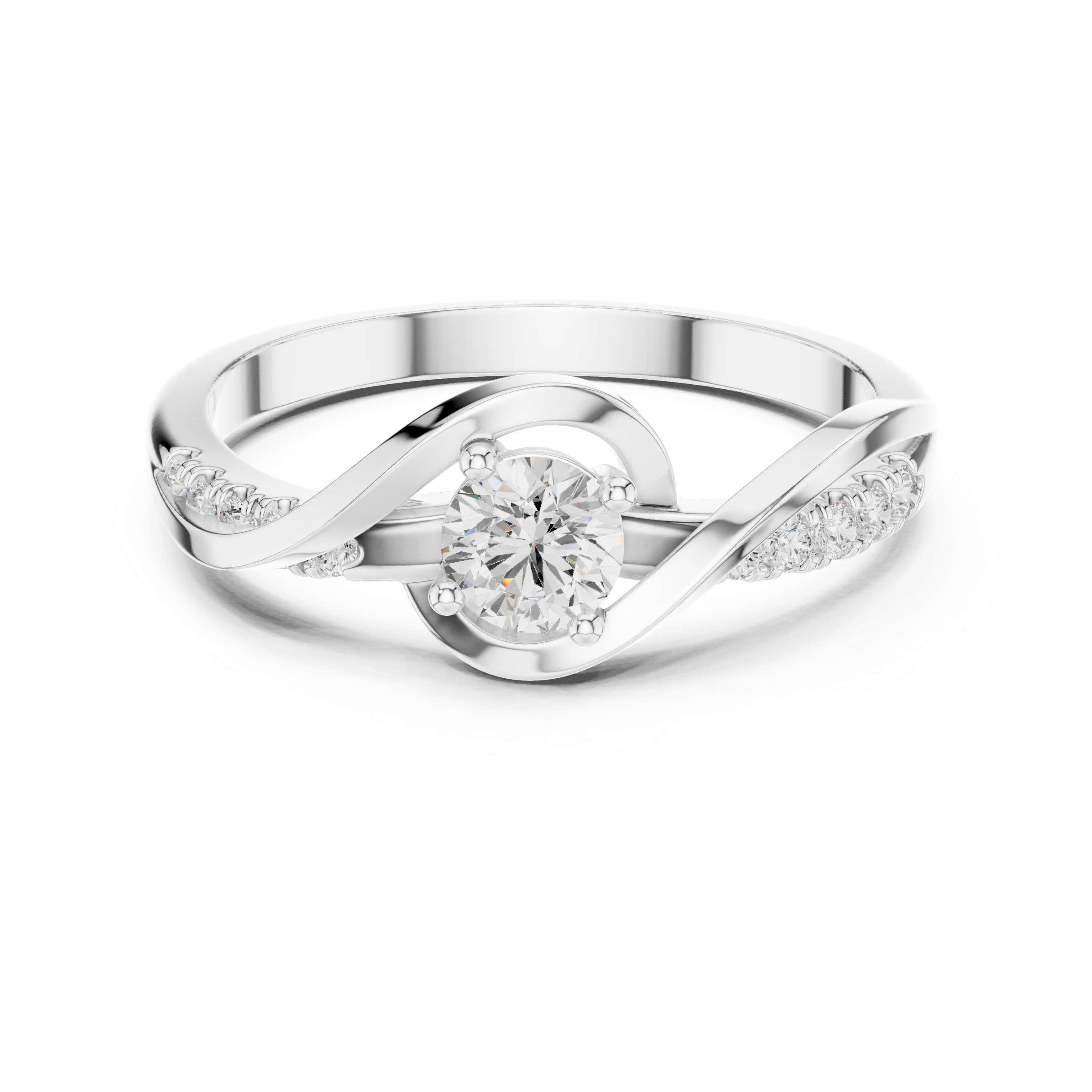 Silver ring with diamond accents on a white background