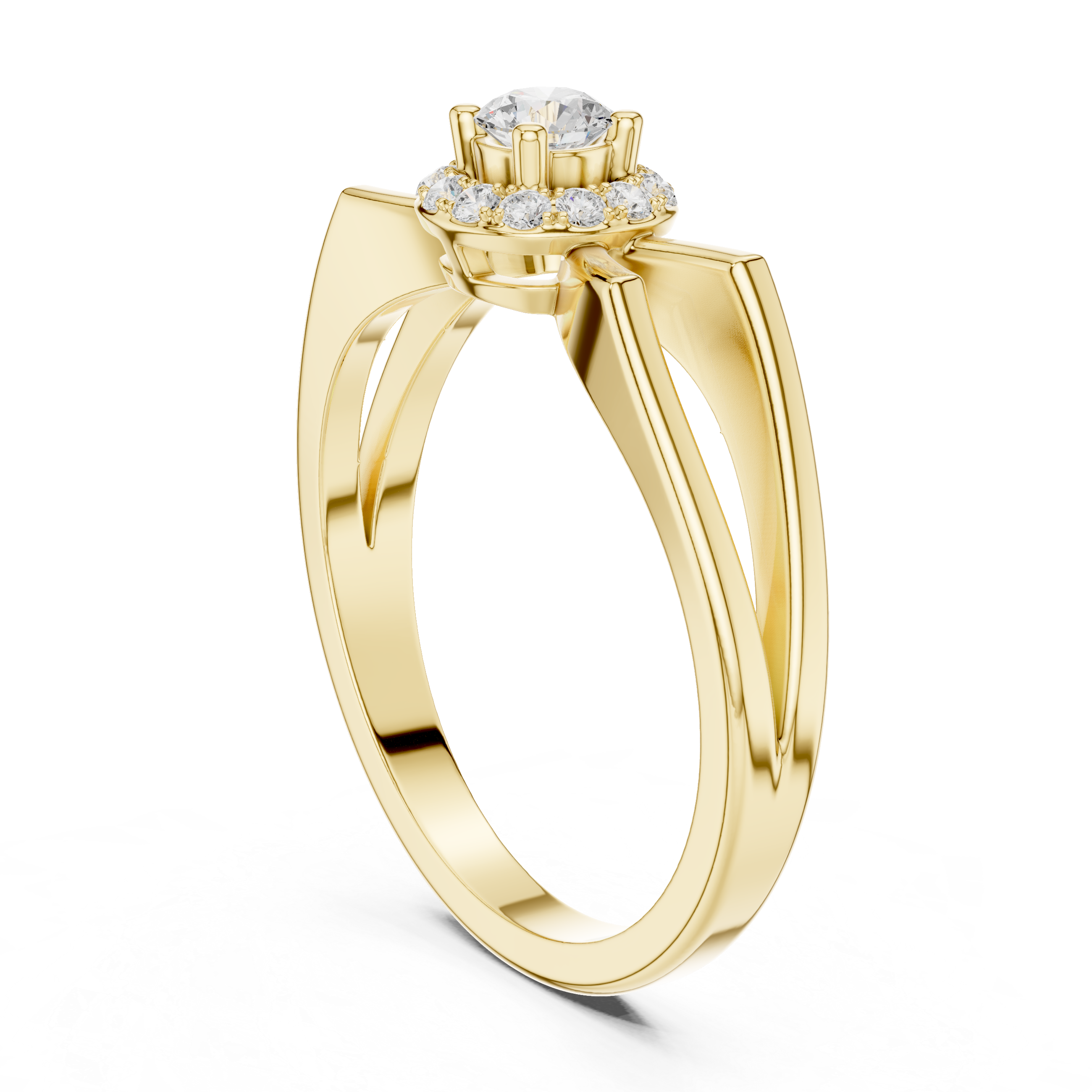 Gold ring with a diamond on a white background