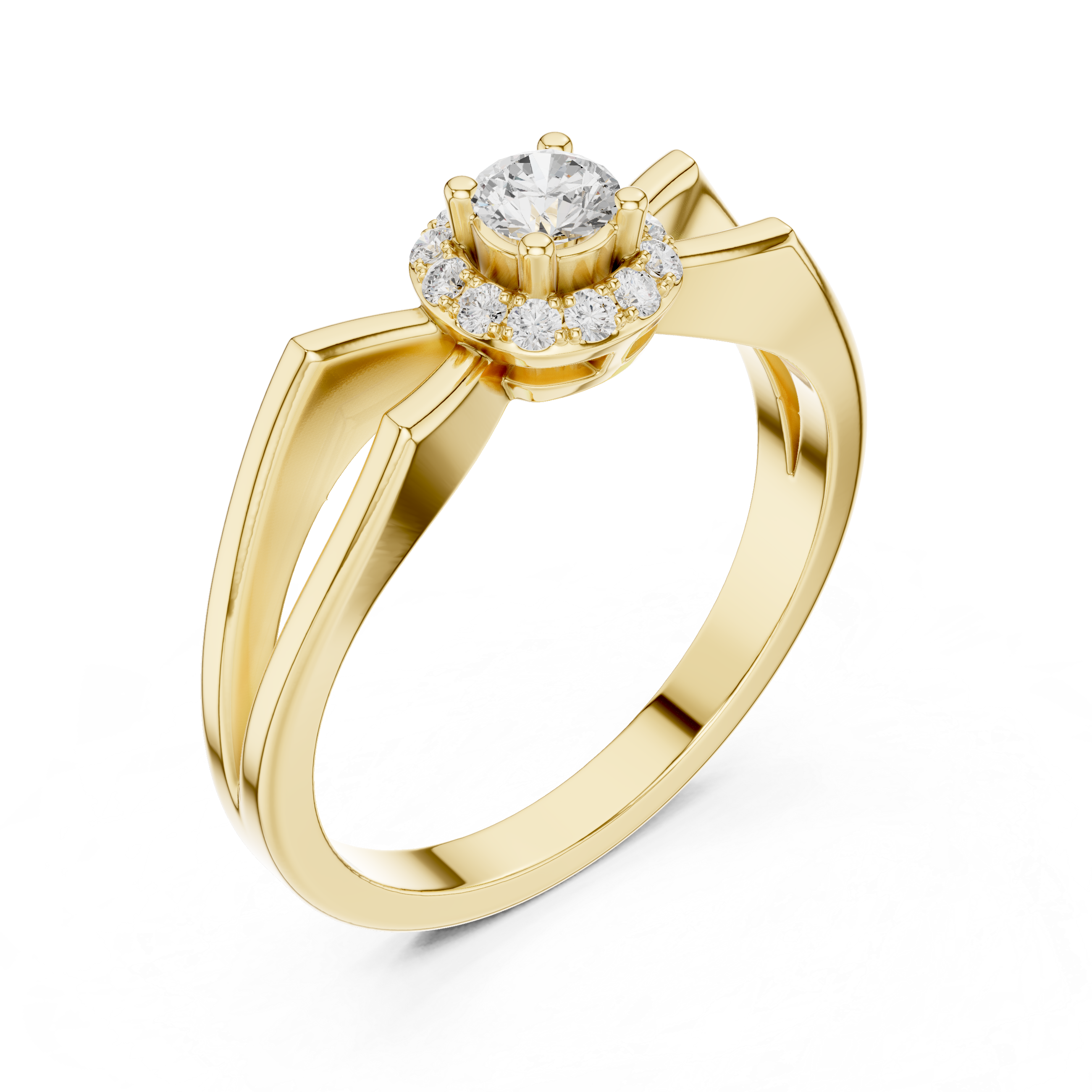 Gold ring with a diamond on a white background