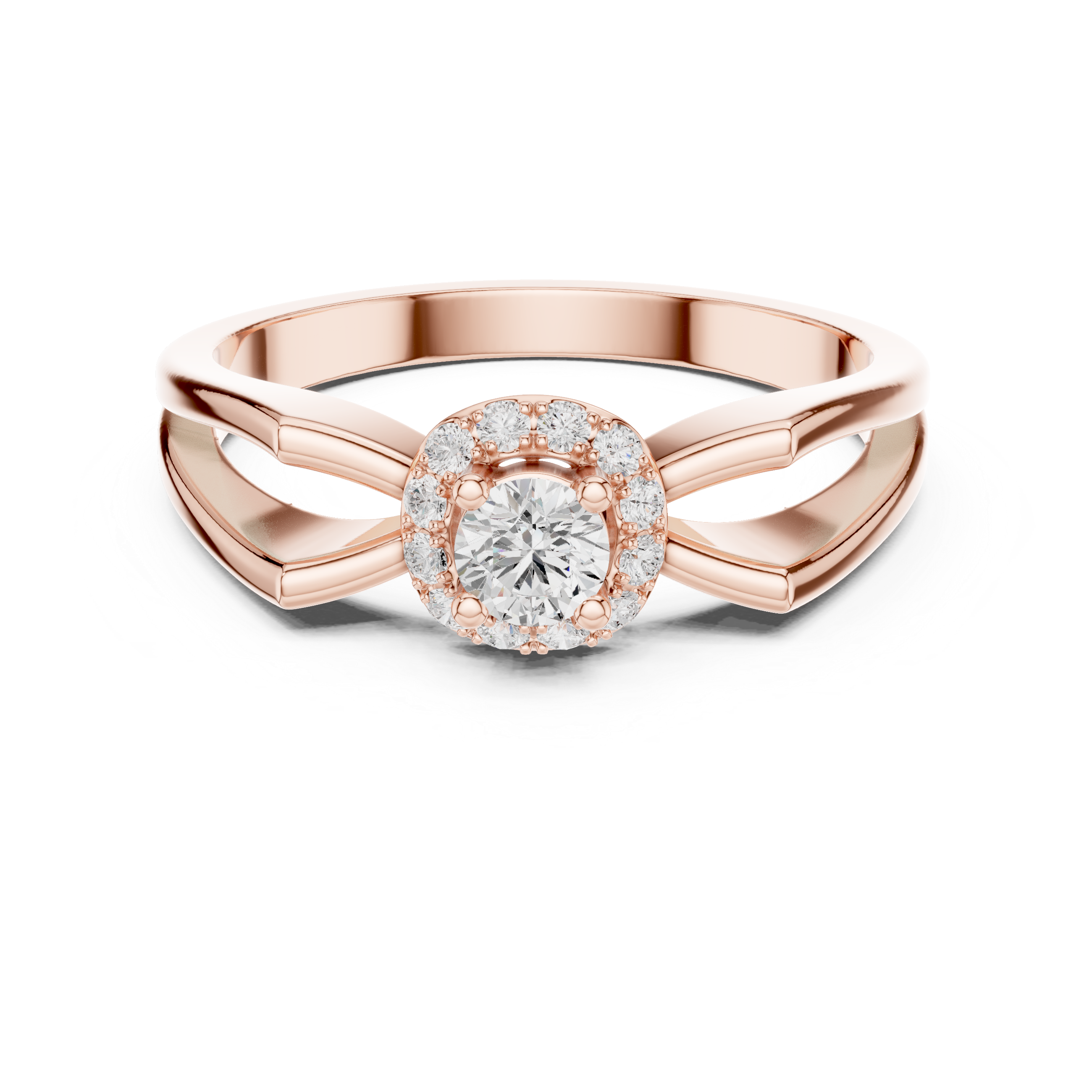 Rose gold ring with a diamond on a white background
