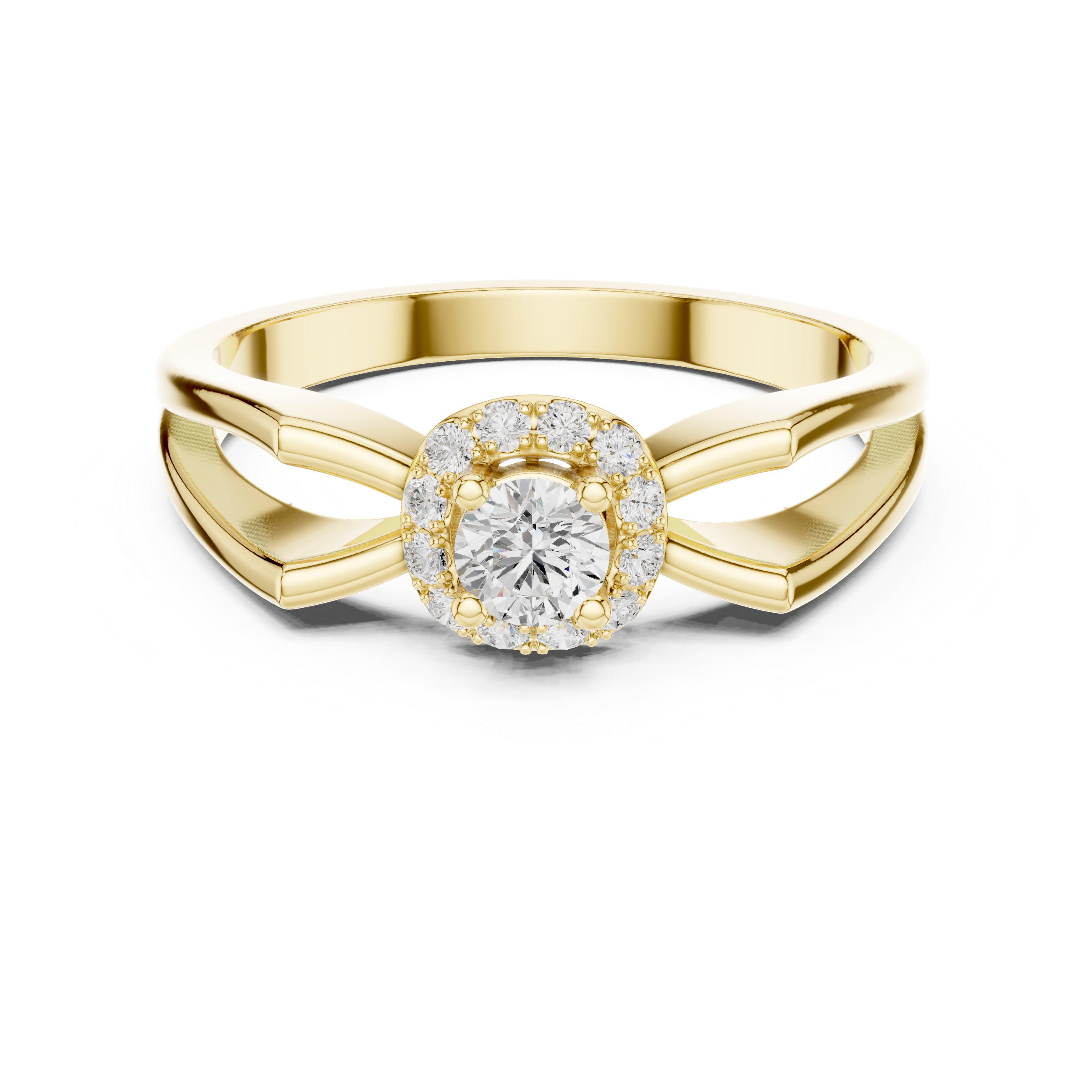 Gold ring with a diamond on a white background