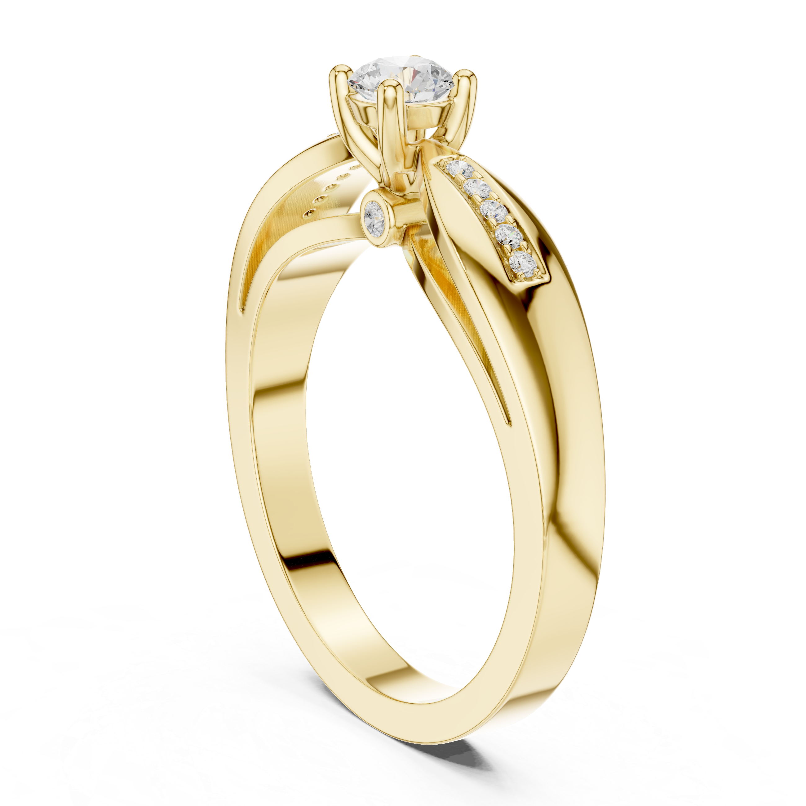 Gold ring with diamond accents on a white background