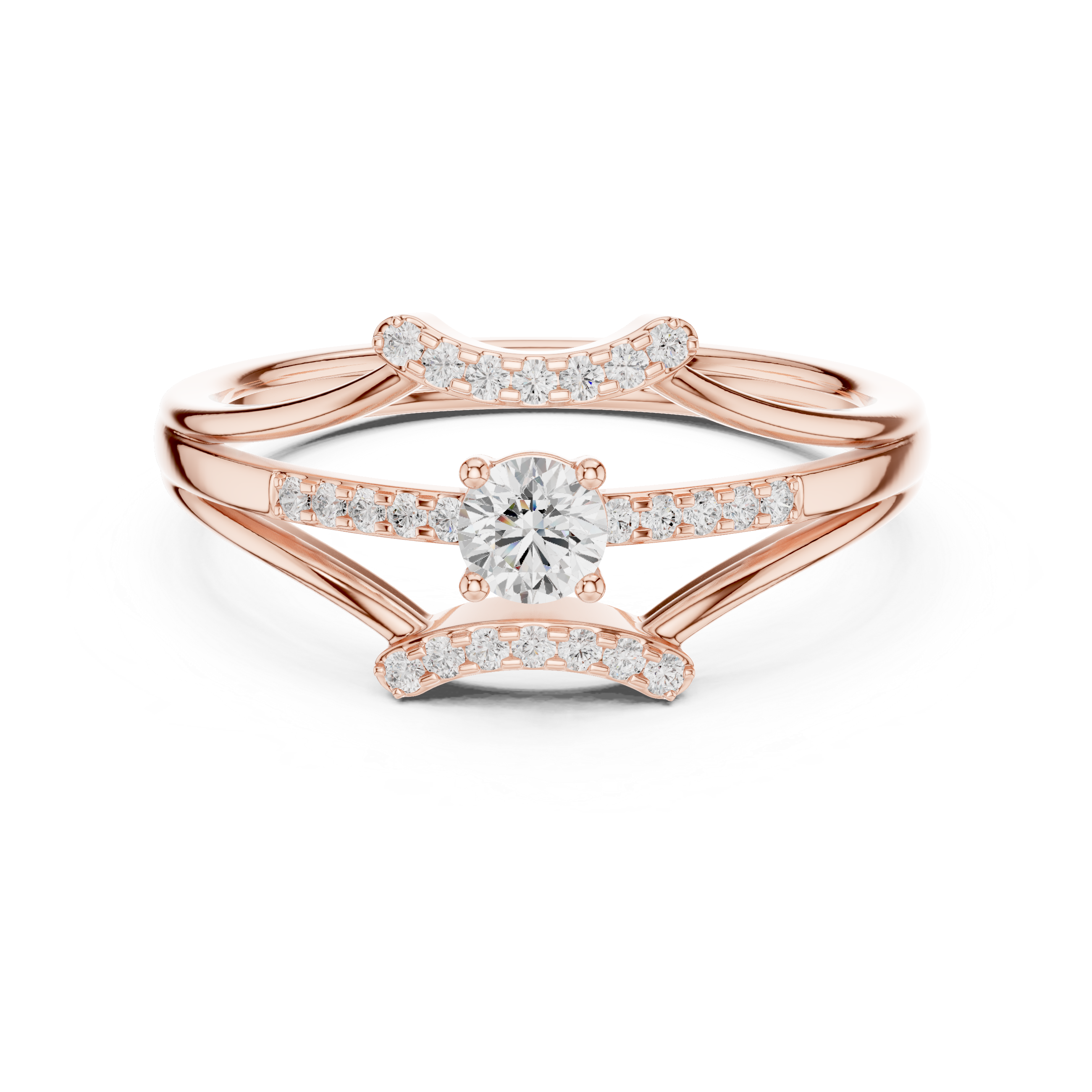 Rose gold ring with diamonds on a white background