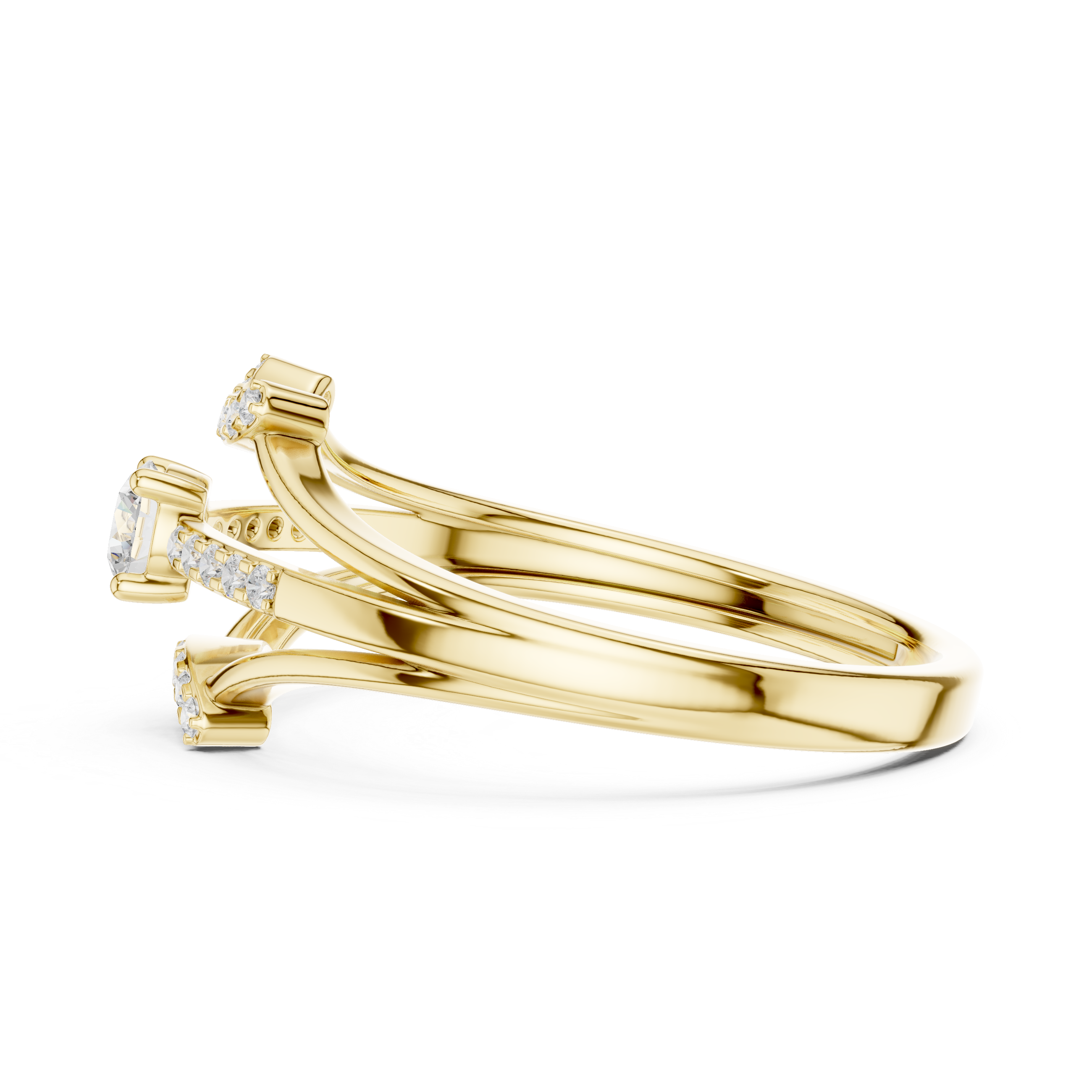 Gold ring with diamond accents on a white background