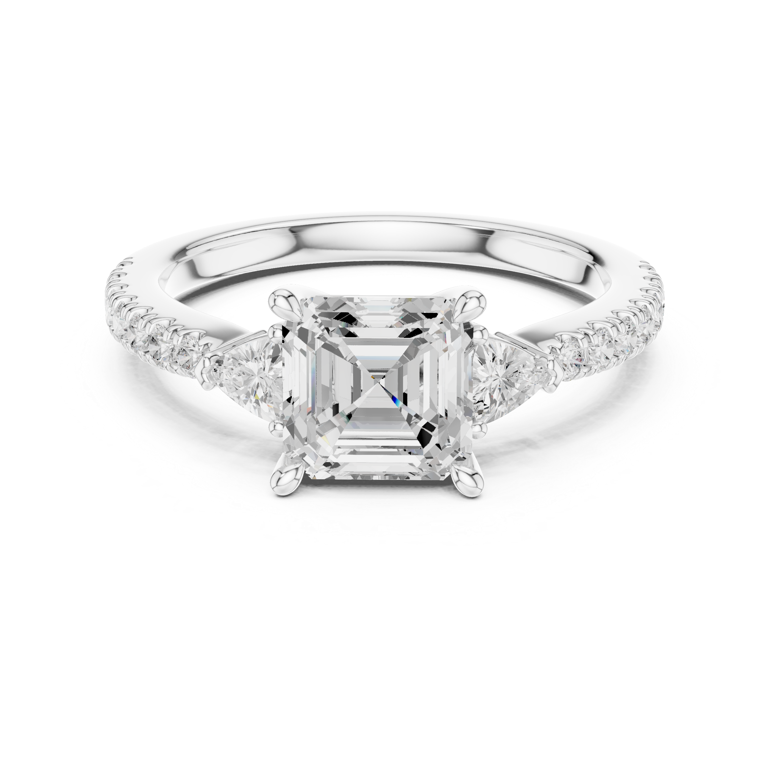 Diamond ring with a central gemstone and smaller stones on a white background