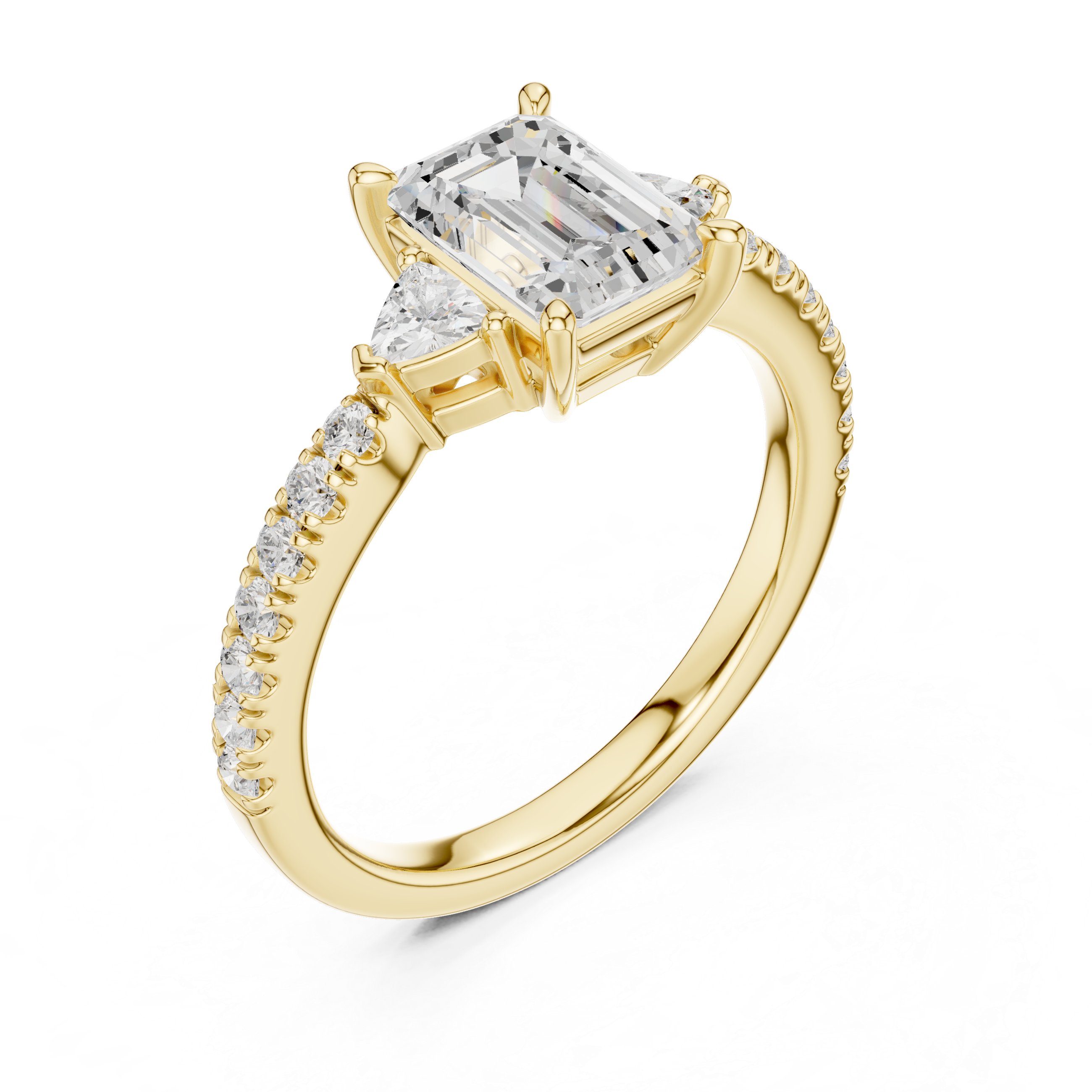 Gold ring with a large diamond and smaller diamonds on the band against a white background