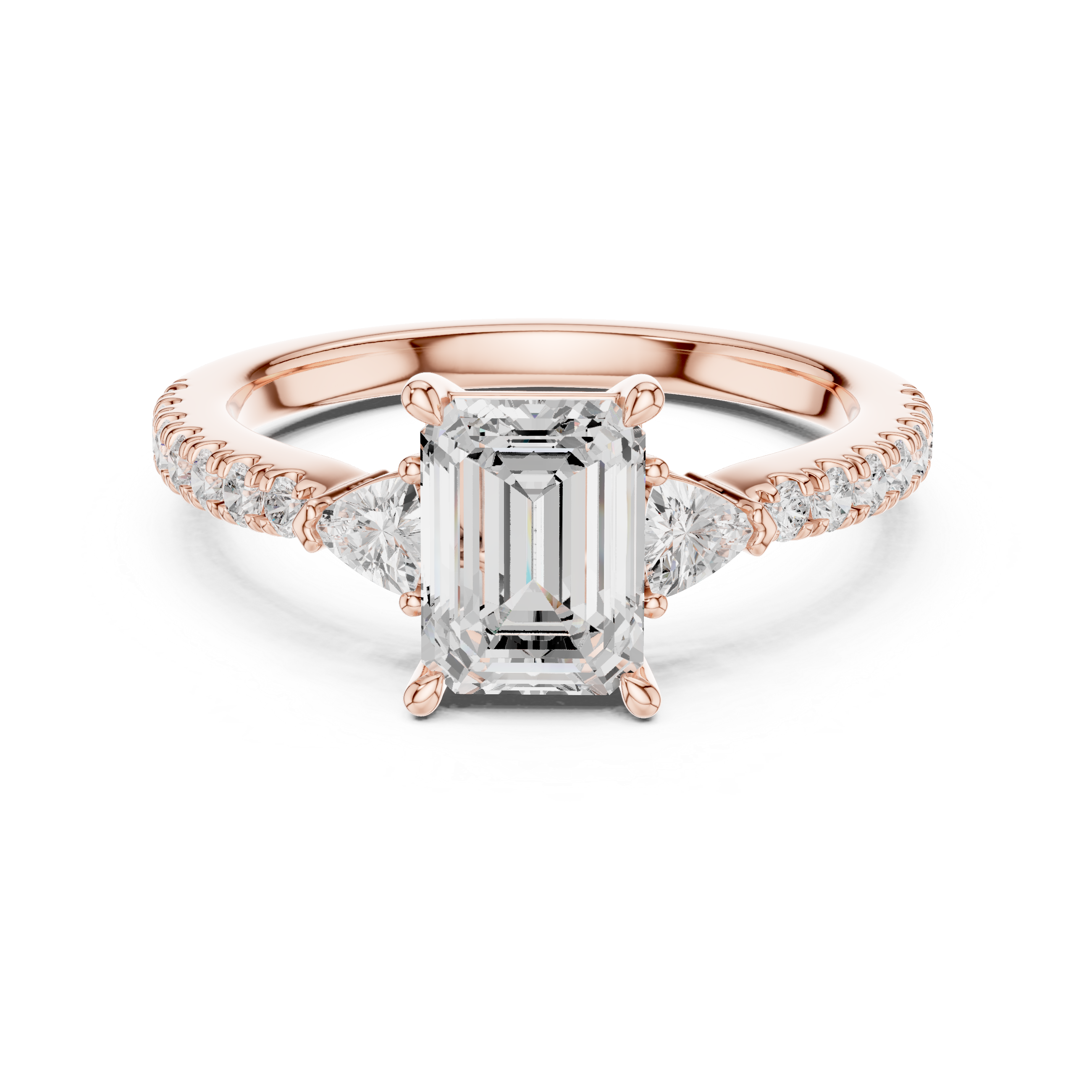 Rose gold ring with a large diamond and smaller diamonds on the band against a white background