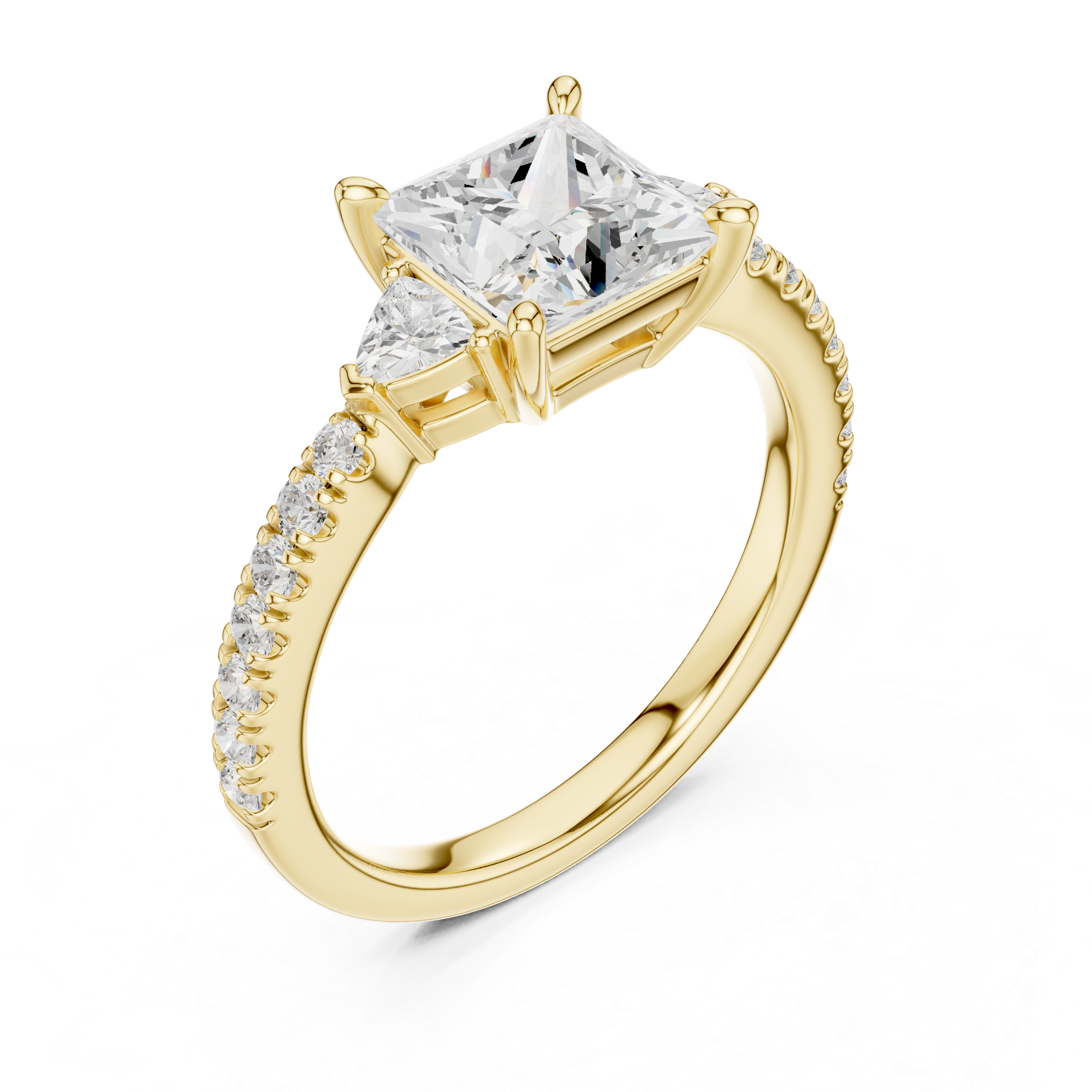 Gold ring with a large diamond and smaller diamonds on the band against a white background