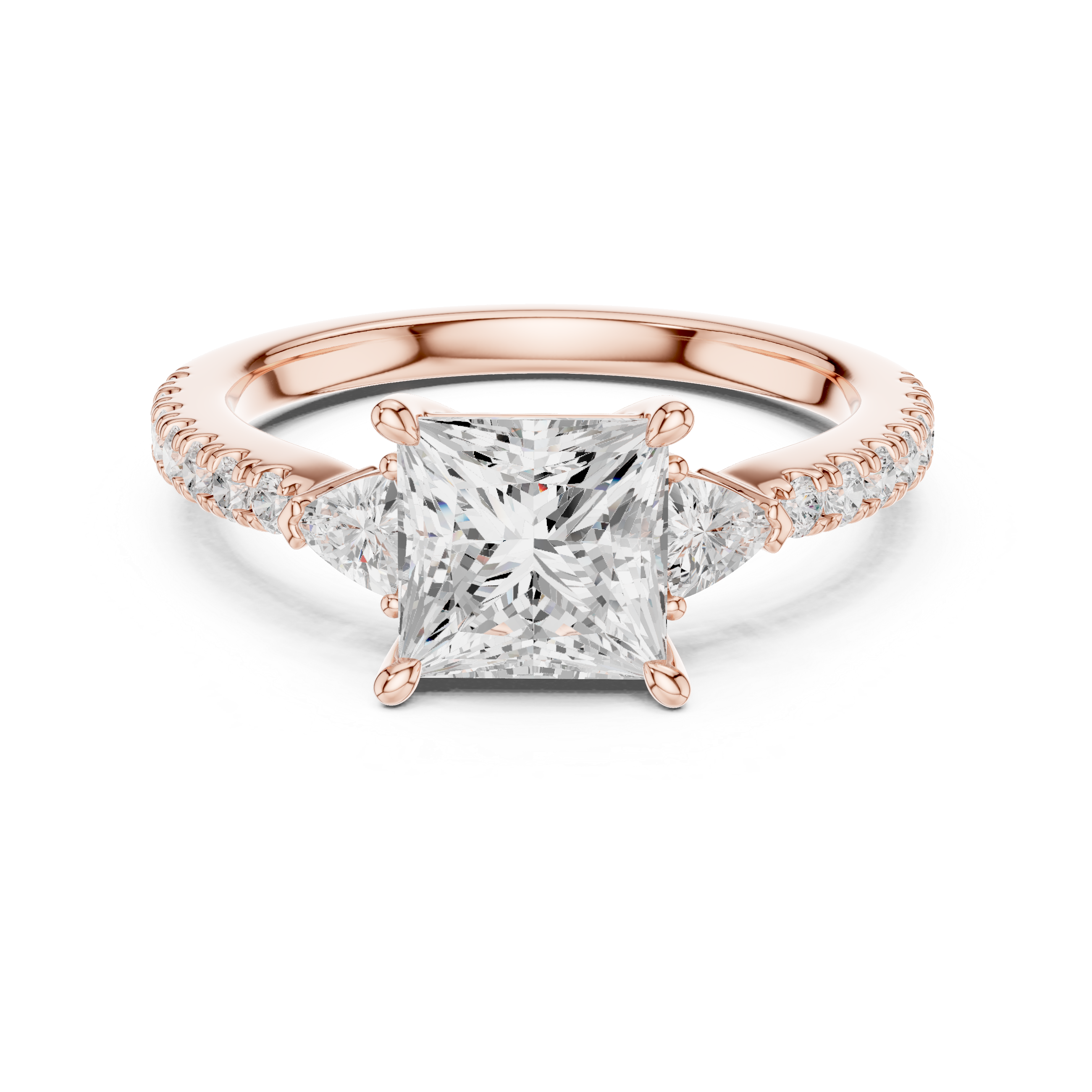 Rose gold ring with a large diamond and smaller diamonds on the band against a white background