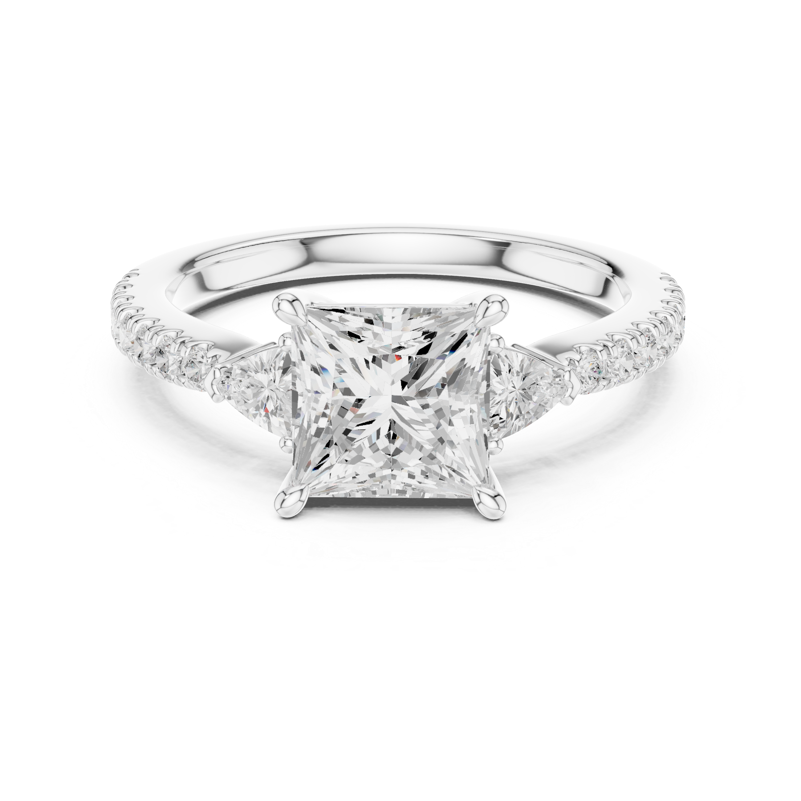 Diamond ring with a central princess-cut diamond and smaller diamonds on the band against a white background