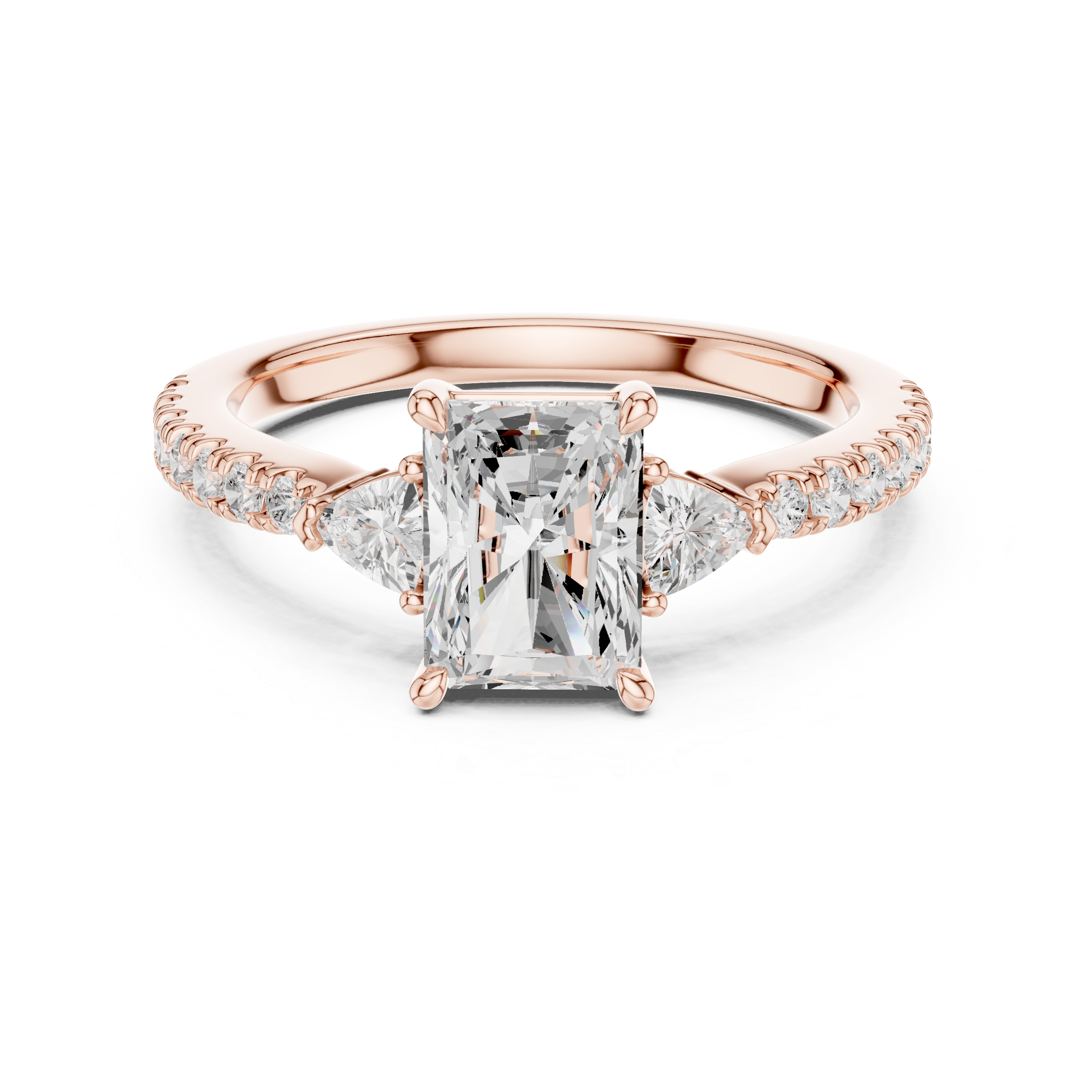 Rose gold ring with a large diamond and smaller diamonds on the band against a white background