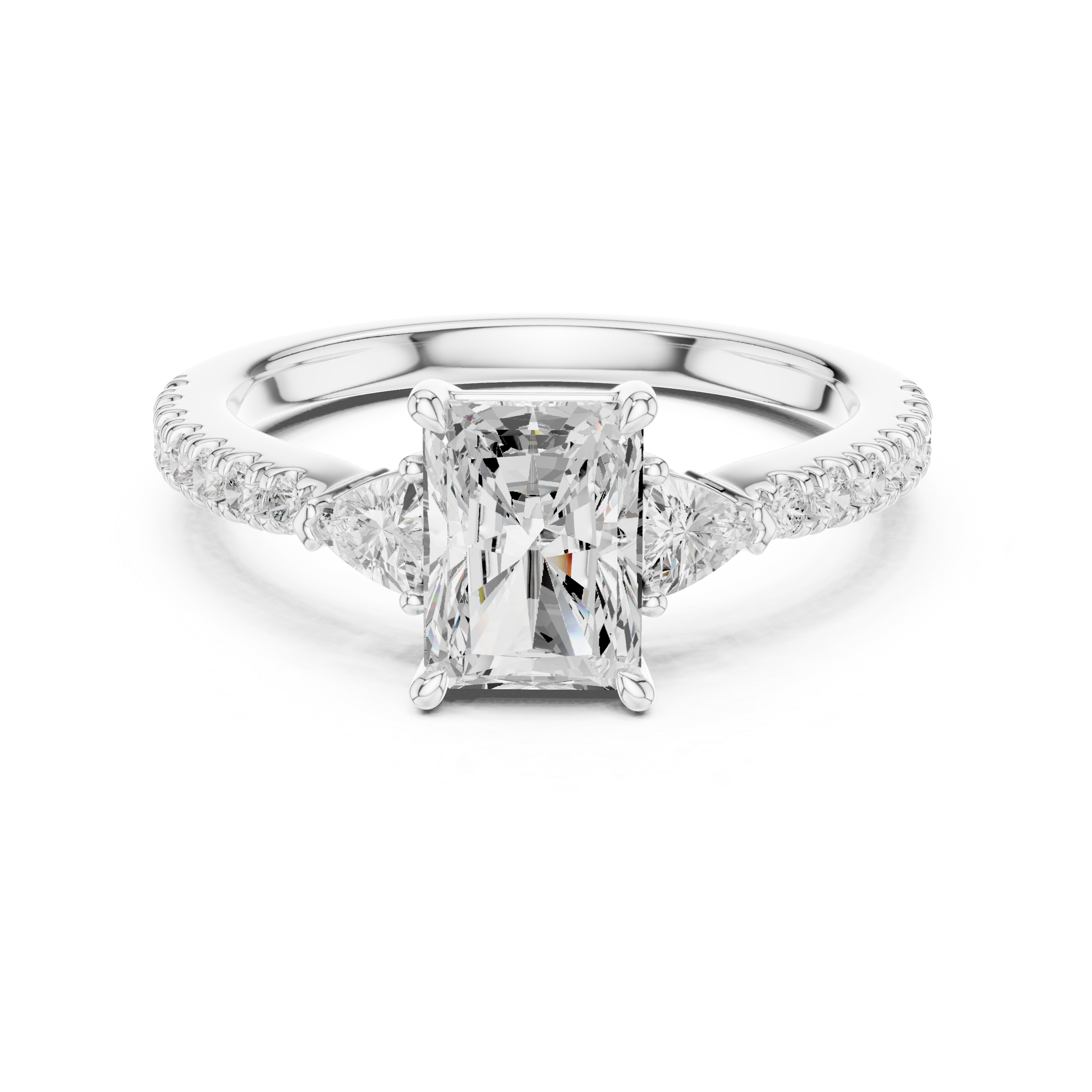 Diamond ring with a central gemstone and smaller stones on a white background