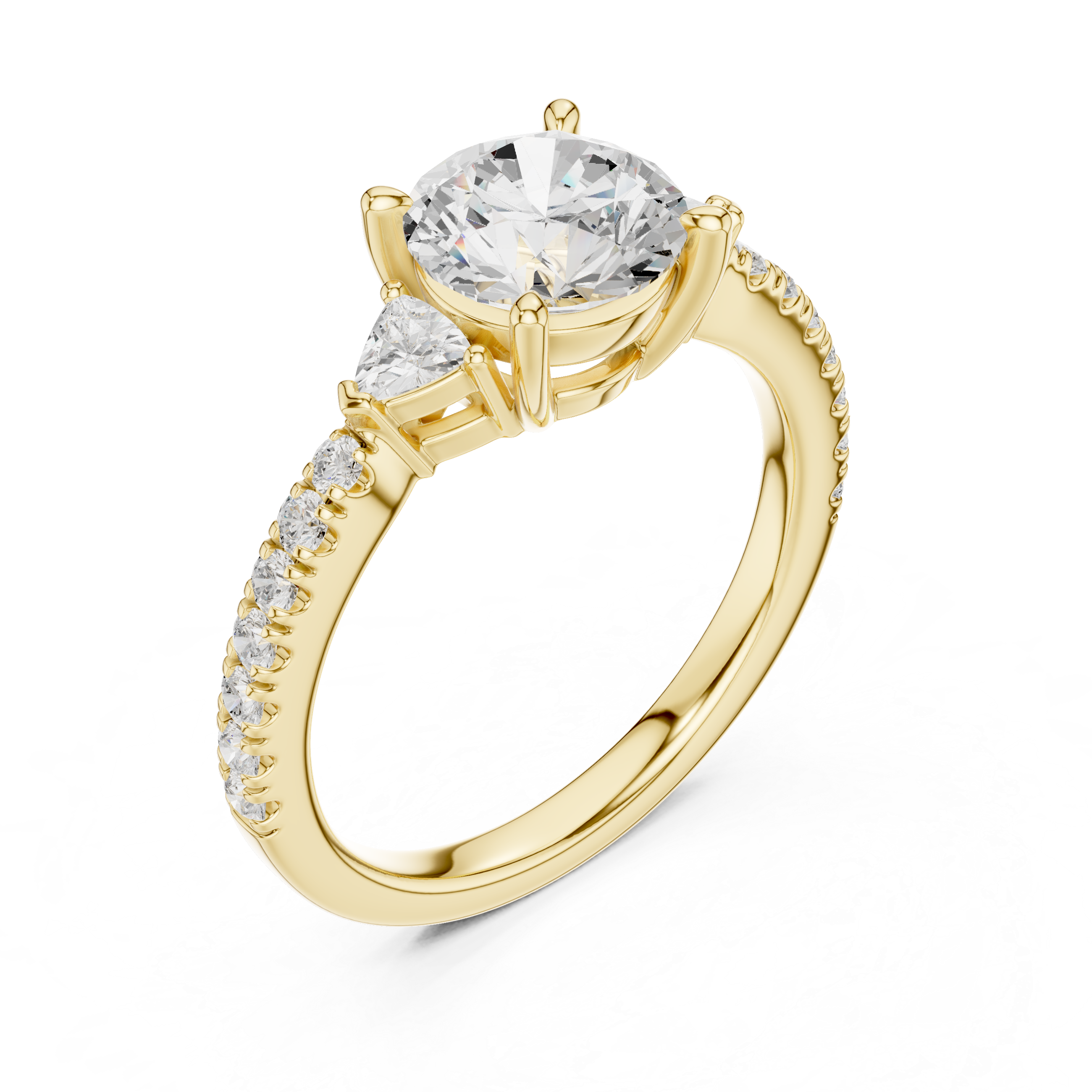 Gold ring with a large diamond and smaller diamonds on a white background