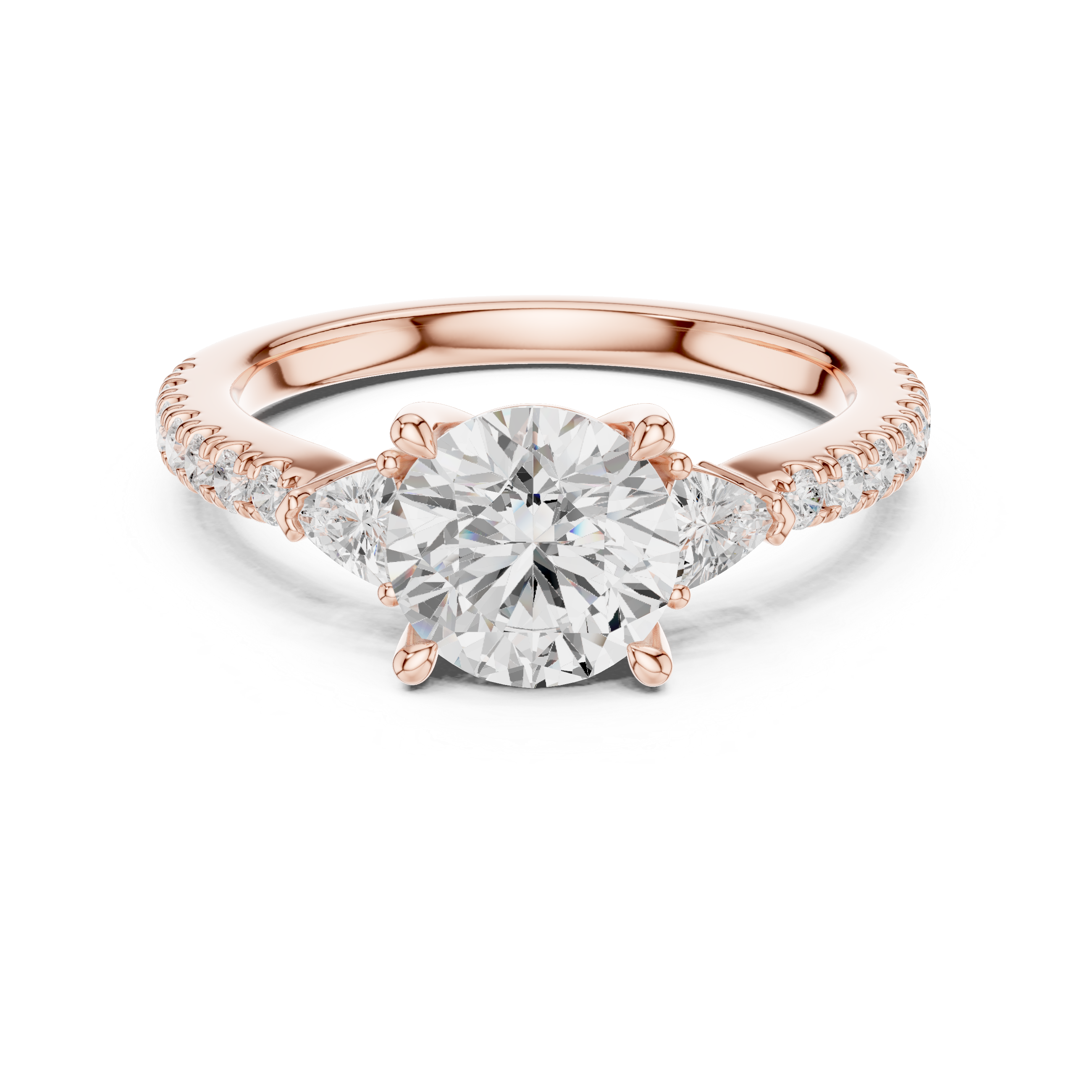 Rose gold ring with a large diamond and smaller diamonds on the band against a white background