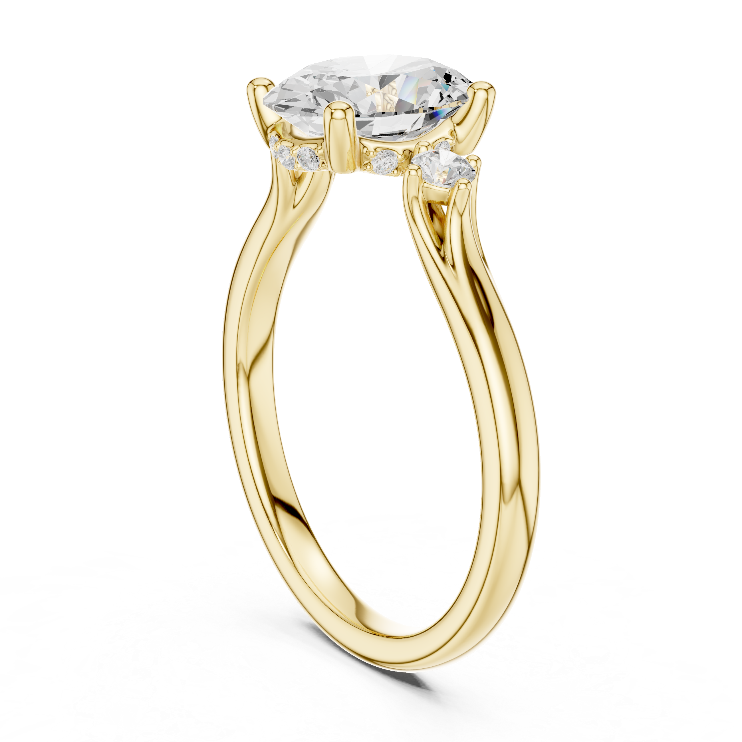 Gold ring with a large diamond and smaller diamonds on a white background