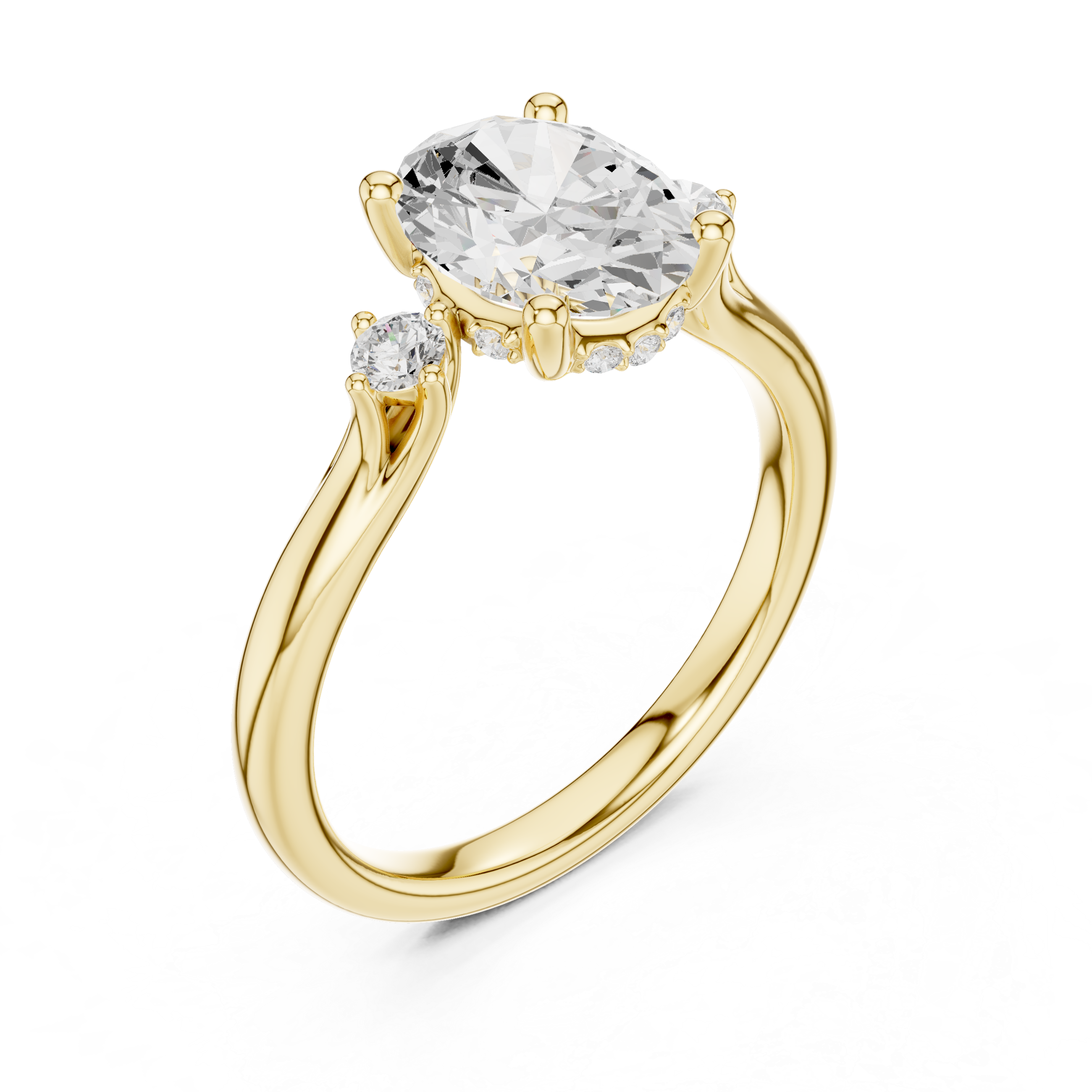 Gold ring with a large diamond and smaller diamond on a white background