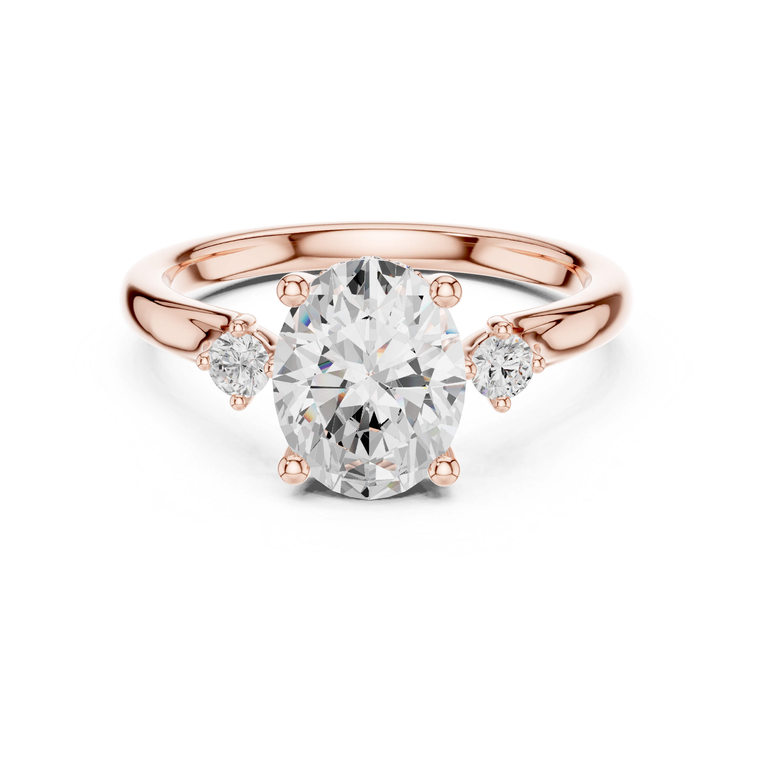 Rose gold ring with a large diamond and smaller diamonds on the sides against a white background