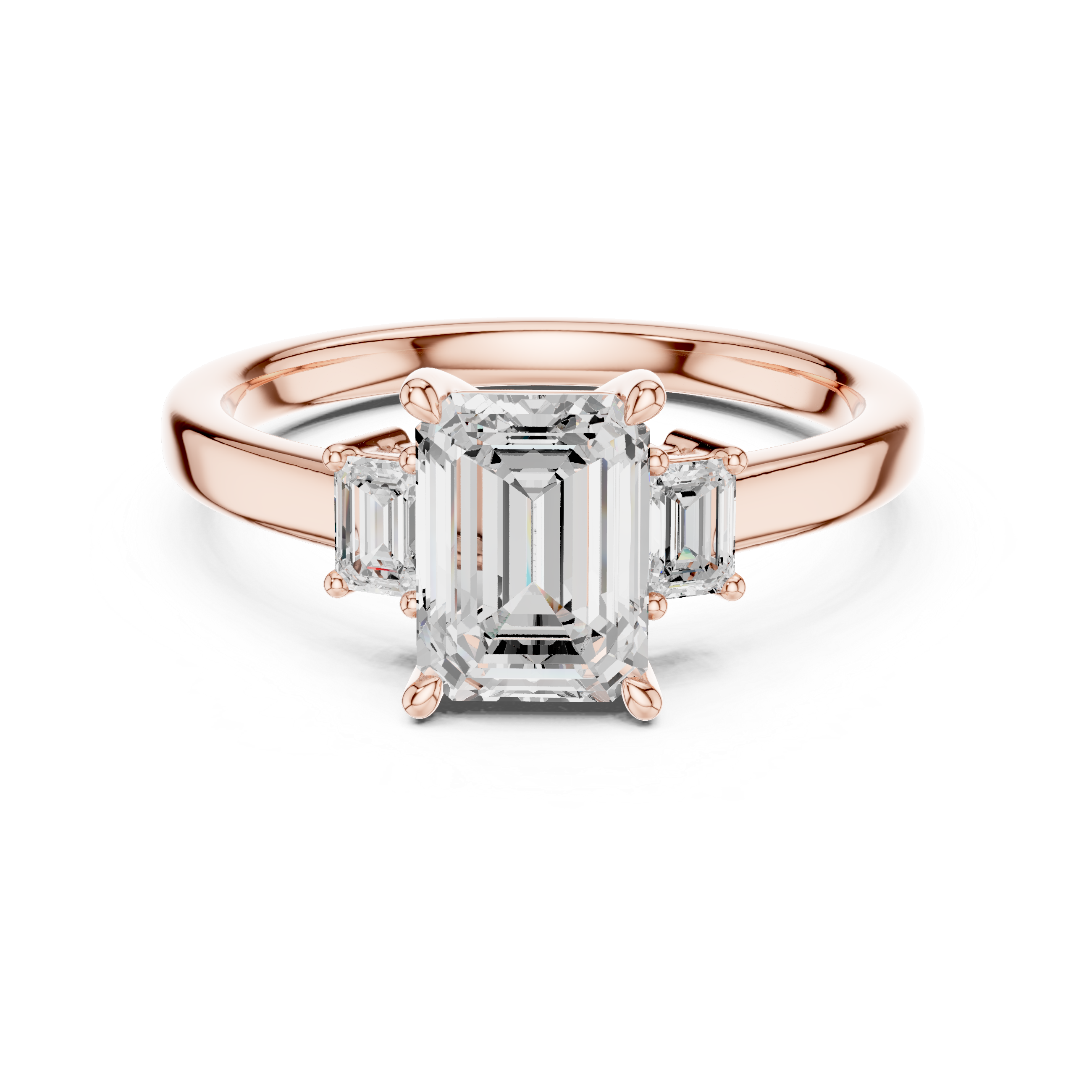 Rose gold ring with emerald-cut diamond on a white background