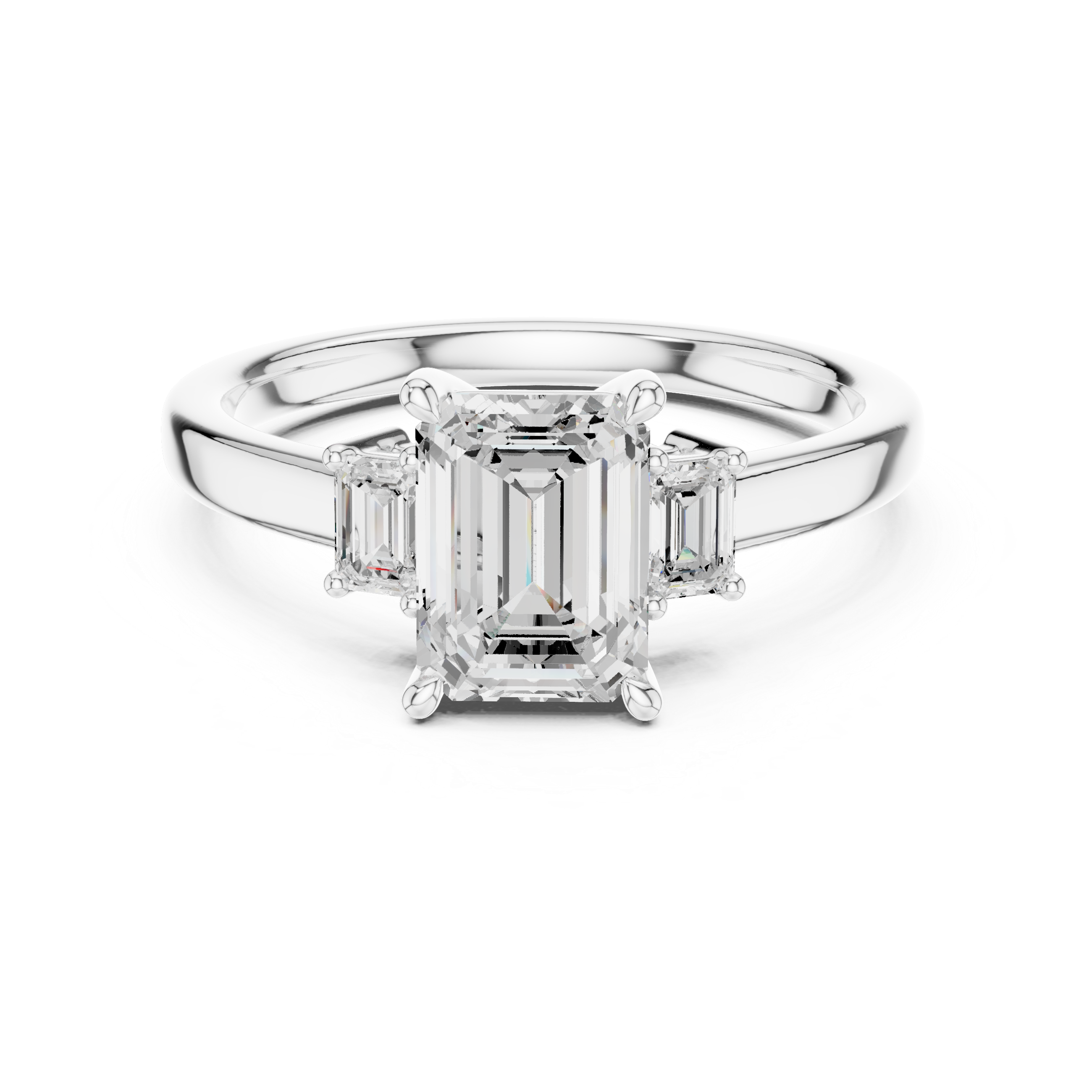 Diamond ring with emerald-cut center stone and baguette side stones on a white background