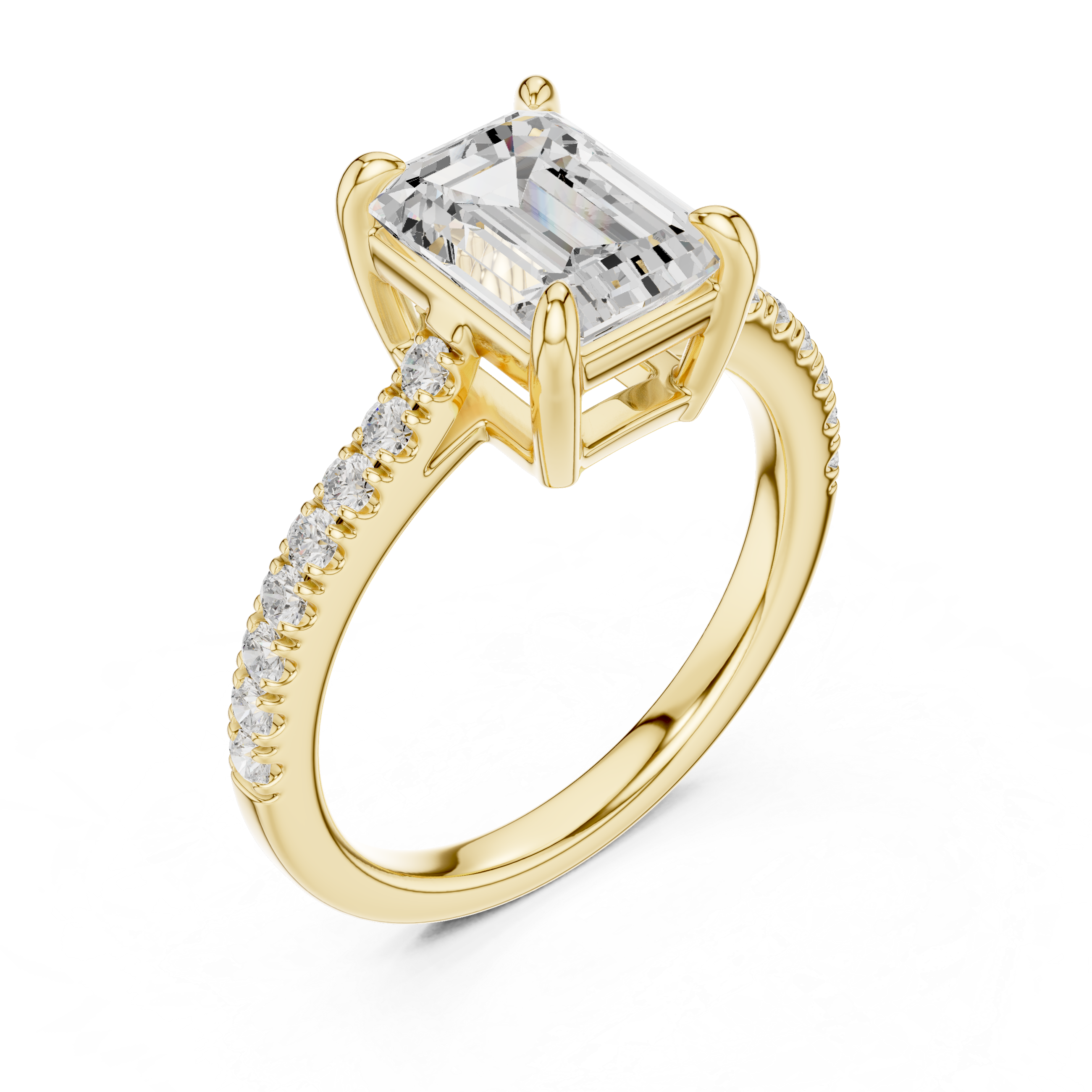 Gold ring with a large diamond and smaller diamonds on the band against a white background