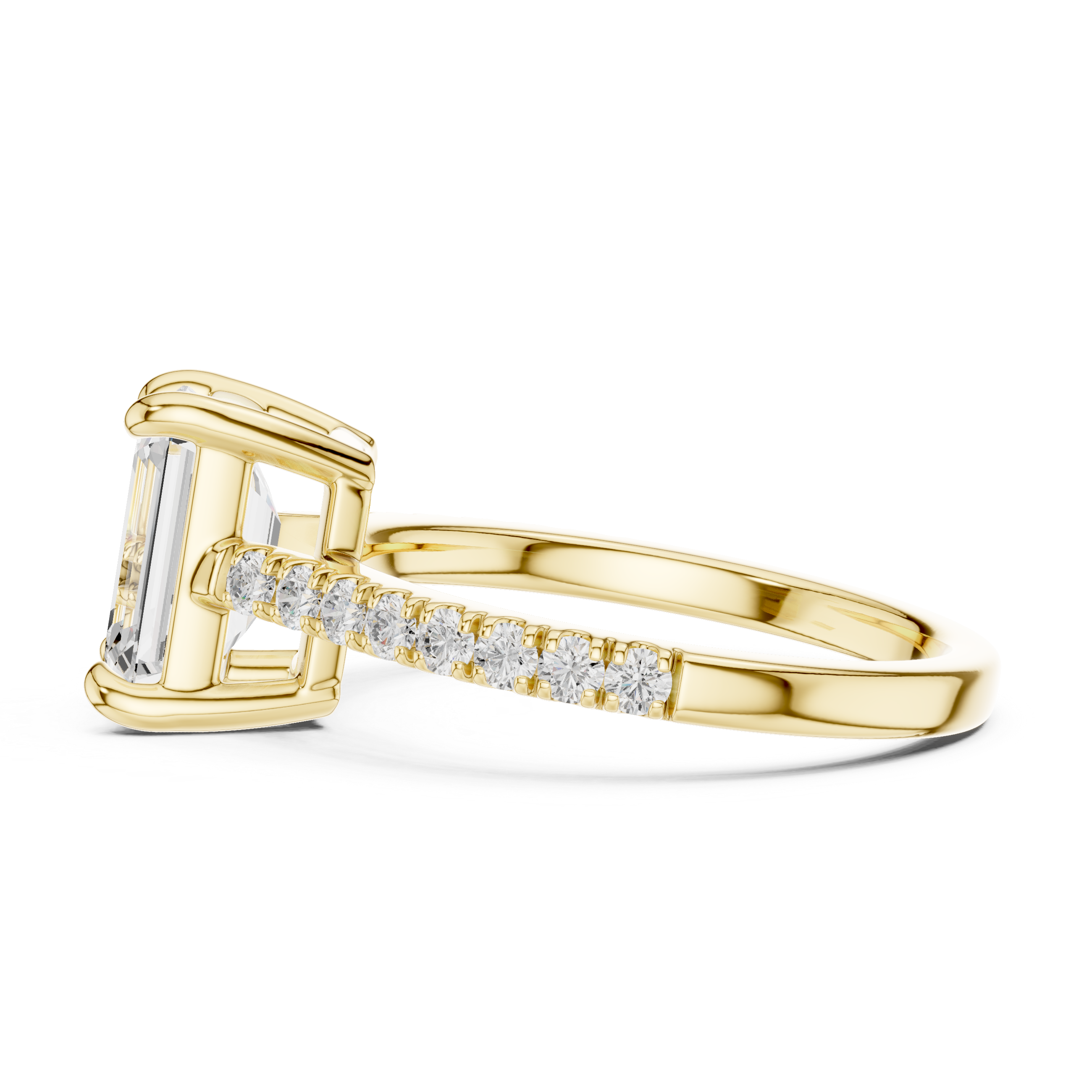 Gold ring with emerald-cut diamond and smaller diamonds on a white background